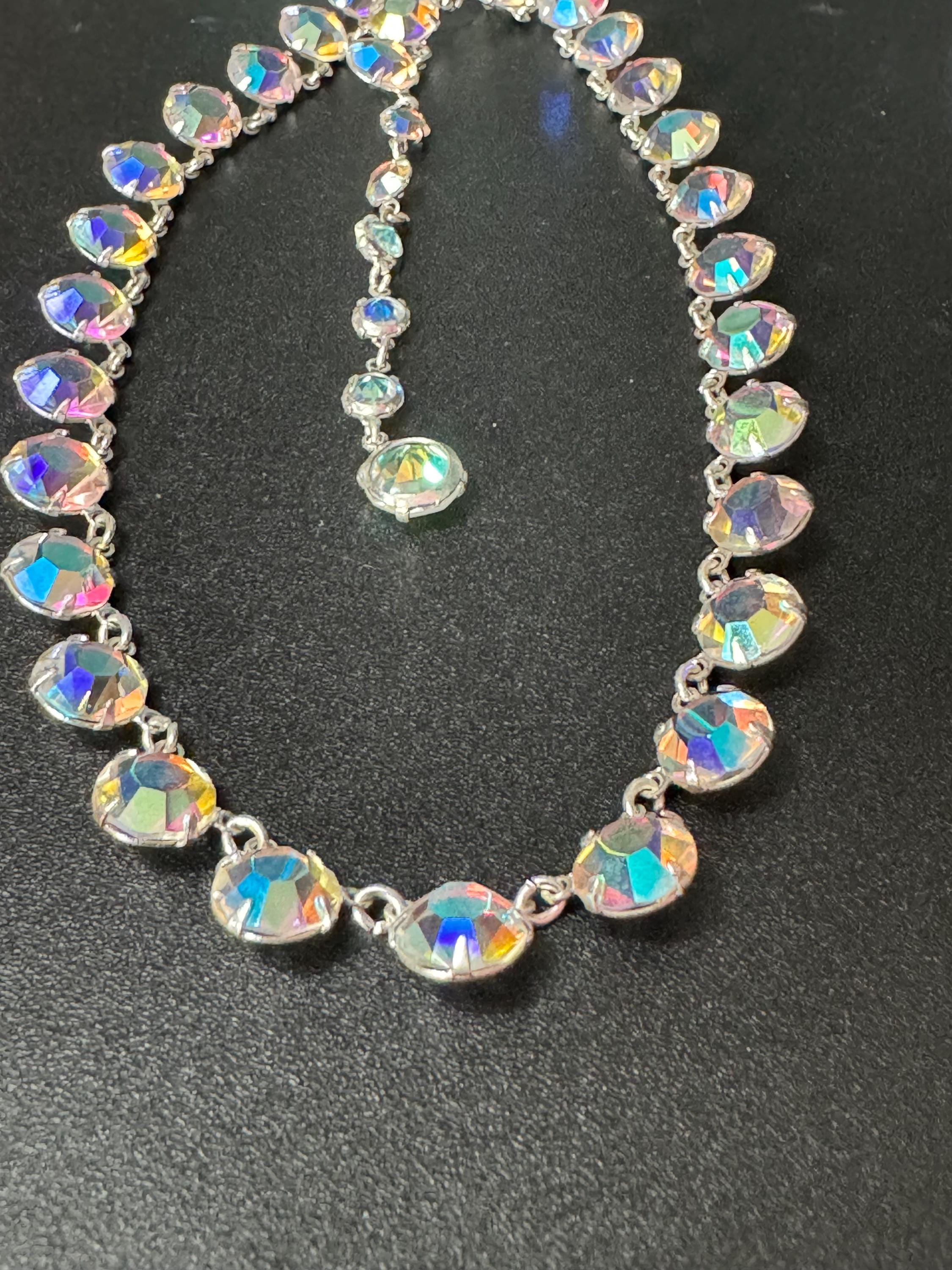 Vintage AB Aurora borealis rainbow glass open back crystal rivière bezel set glass necklace