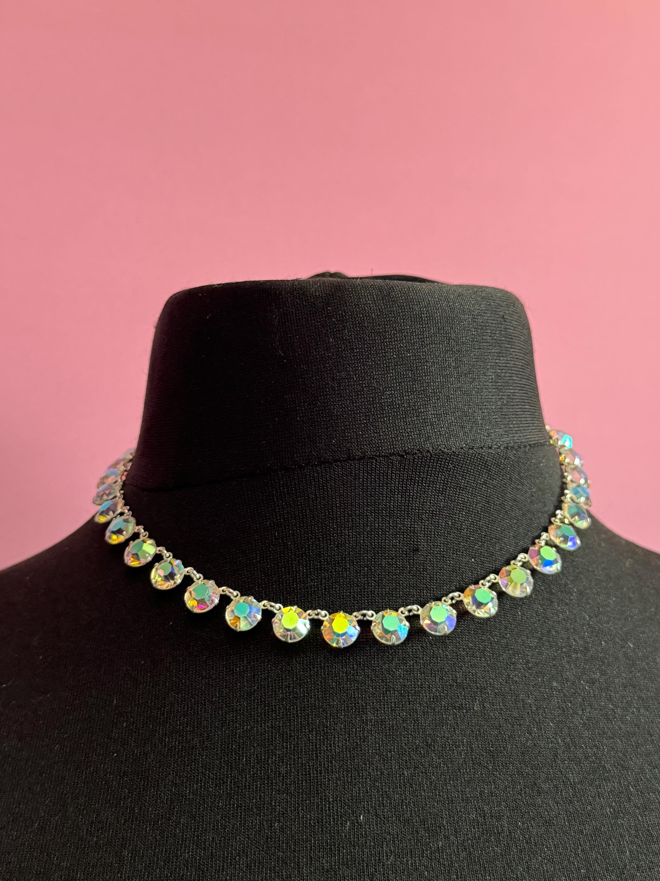 Vintage AB Aurora borealis rainbow glass open back crystal rivière bezel set glass necklace