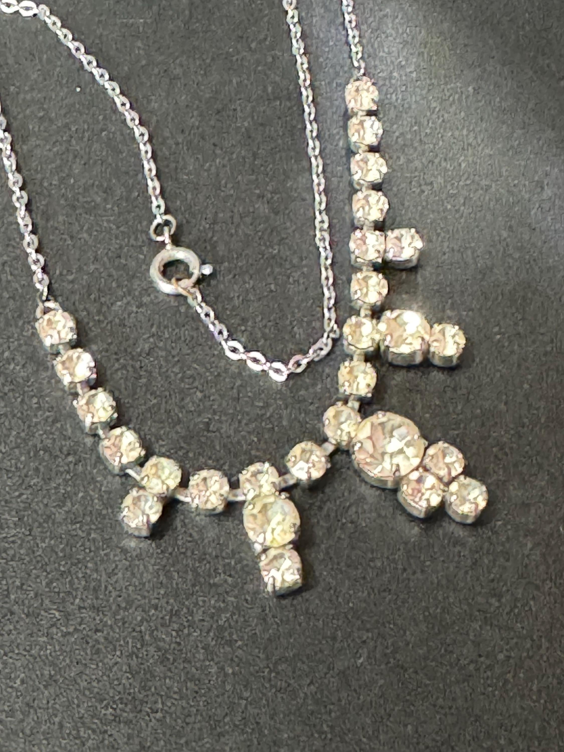 Vintage clear diamanté glass rhinestone crystal silver tone necklace 41cm