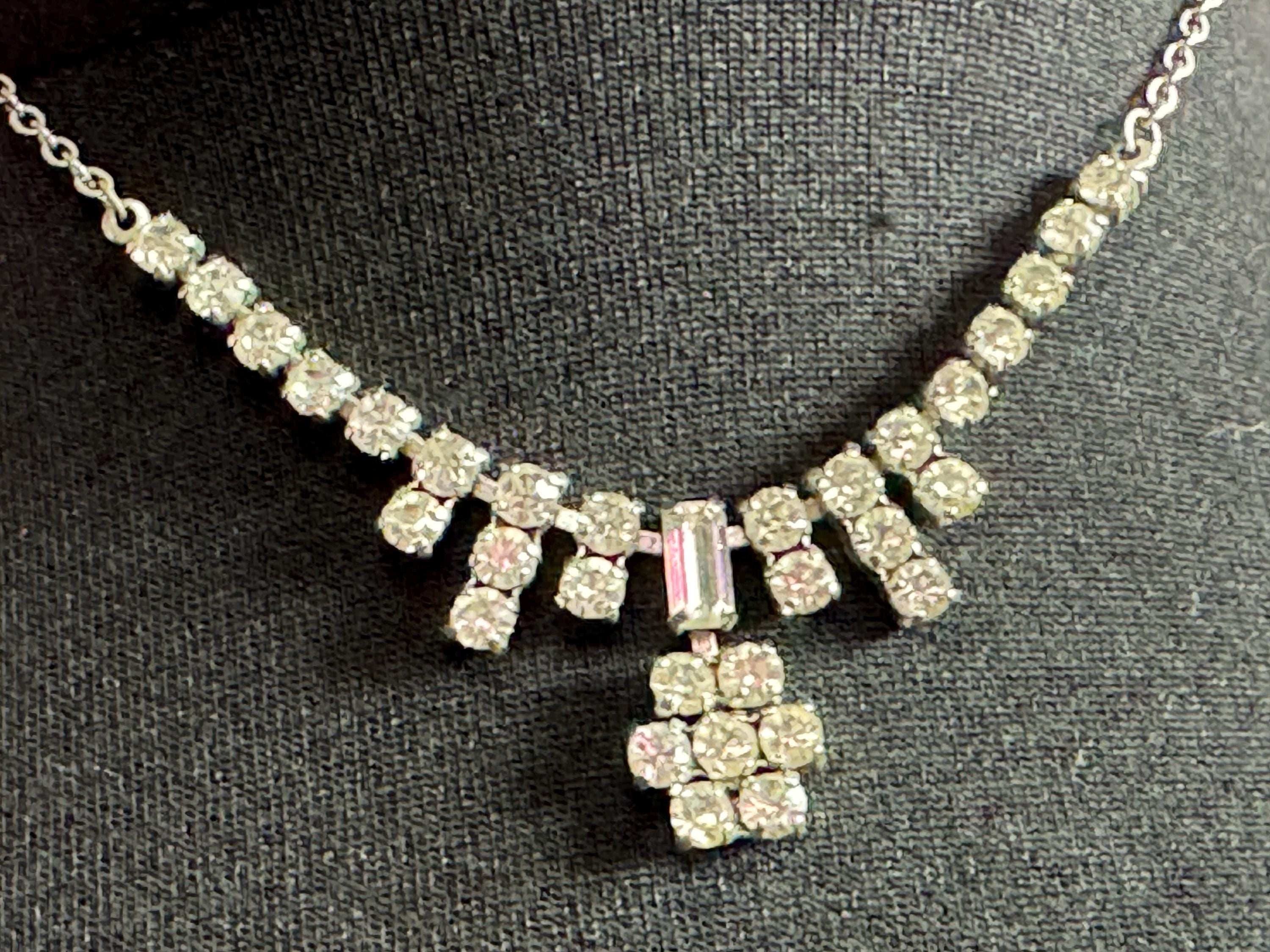Vintage clear diamanté glass rhinestone crystal silver tone necklace 40cm