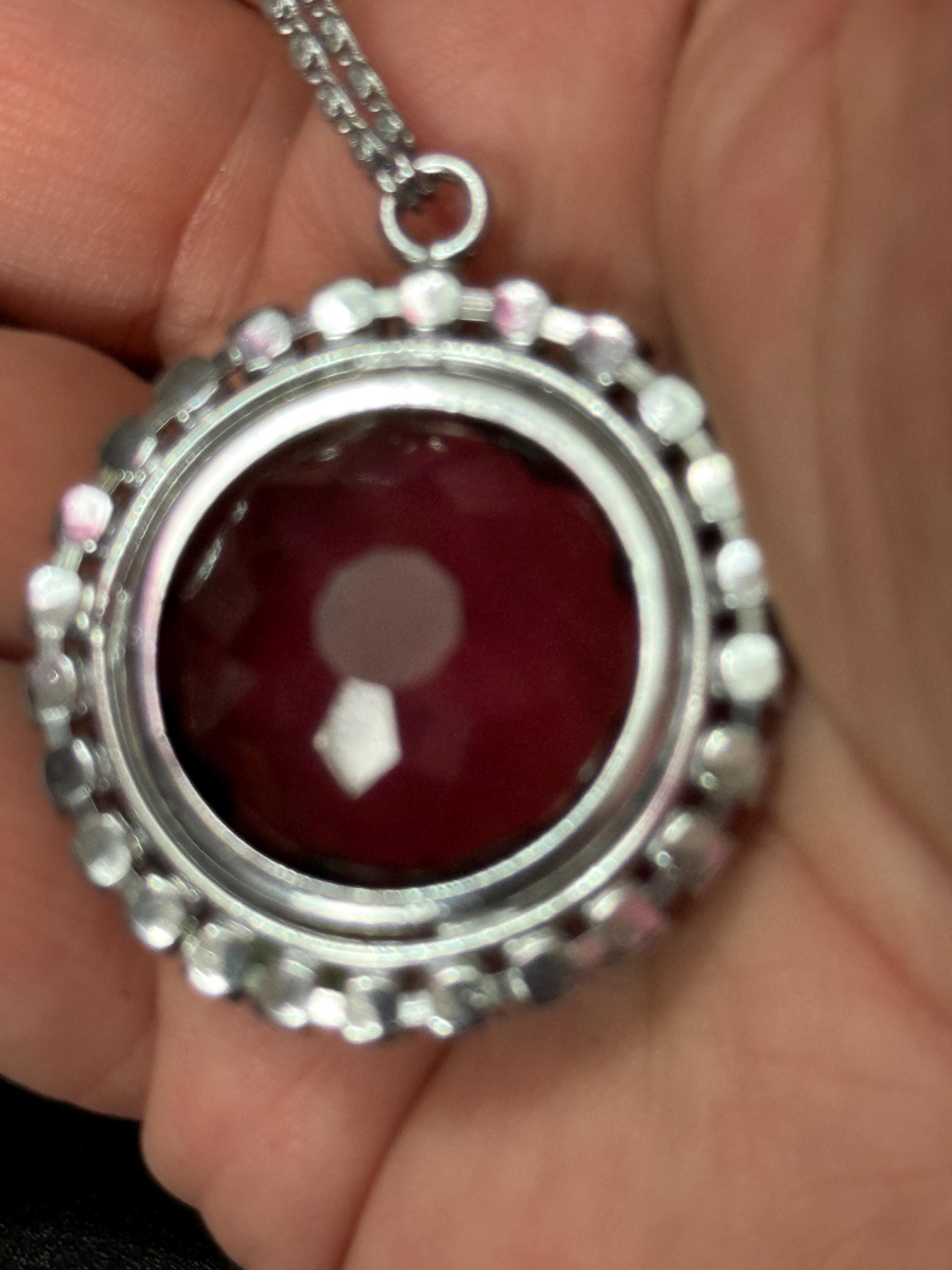 Vintage large silver tone round clear diamanté purple amethyst glass 1970s pendant necklace