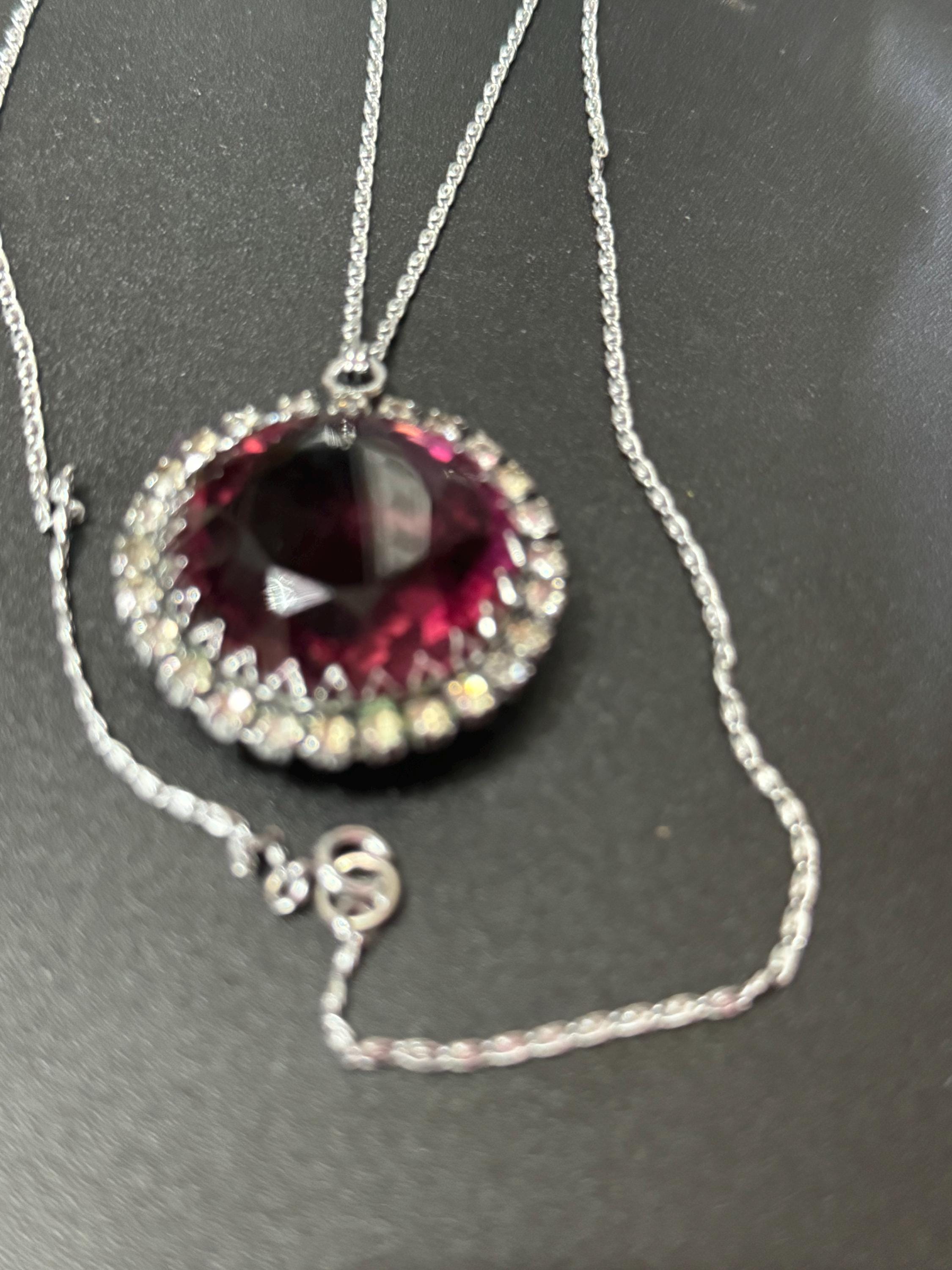 Vintage large silver tone round clear diamanté purple amethyst glass 1970s pendant necklace