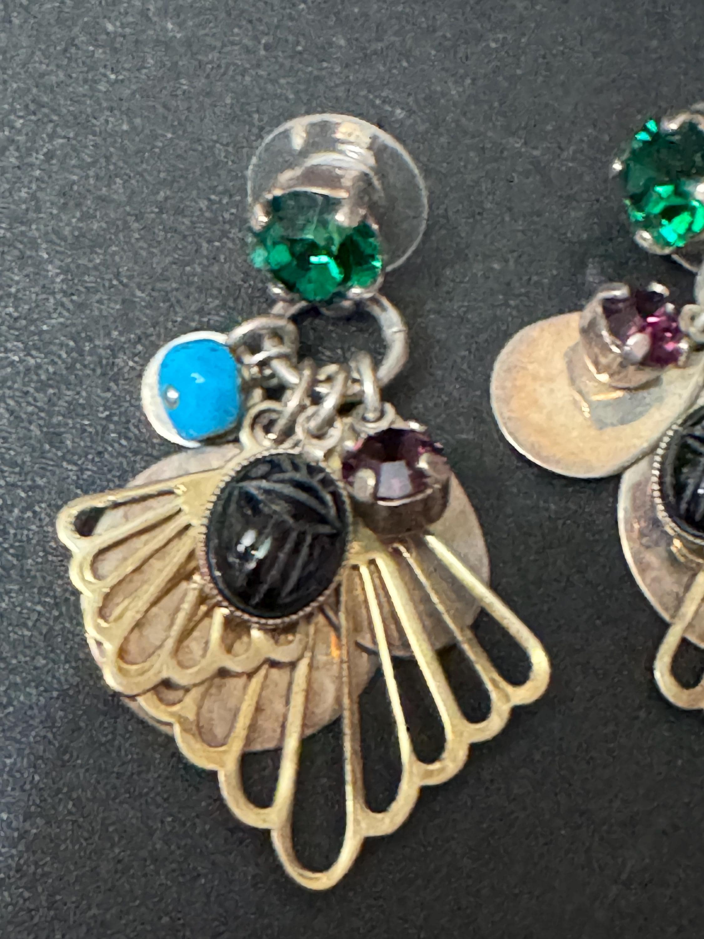 Signed Reminiscence vintage turquoise black Egyptian revival gold drop earrings for pierced ears