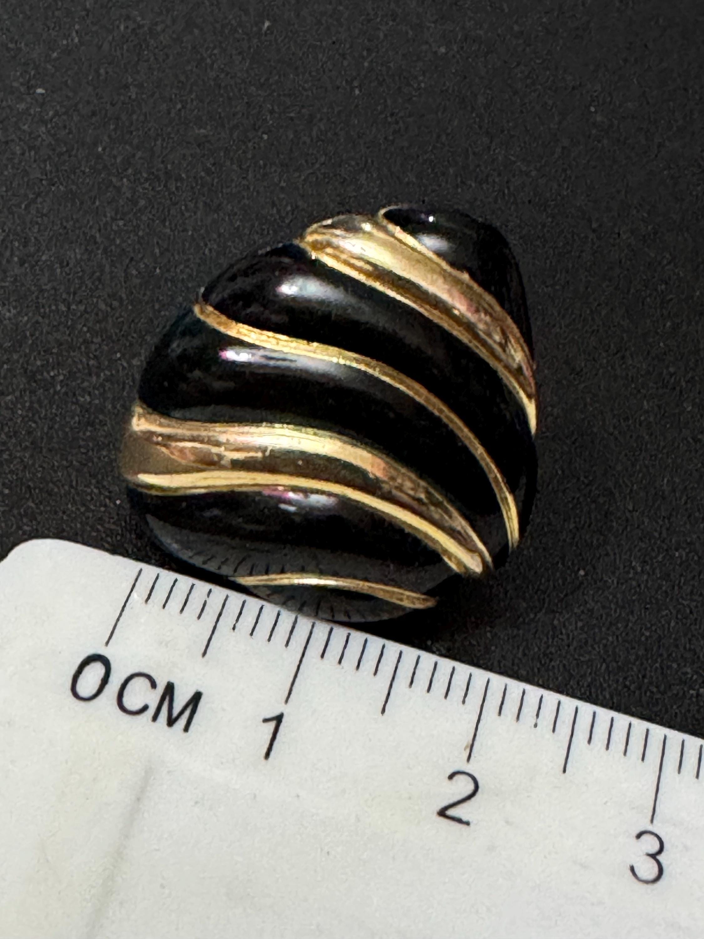 Signed SOLIEL clip on stud swirl earrings 1980s gold tone black enamel statement designer style