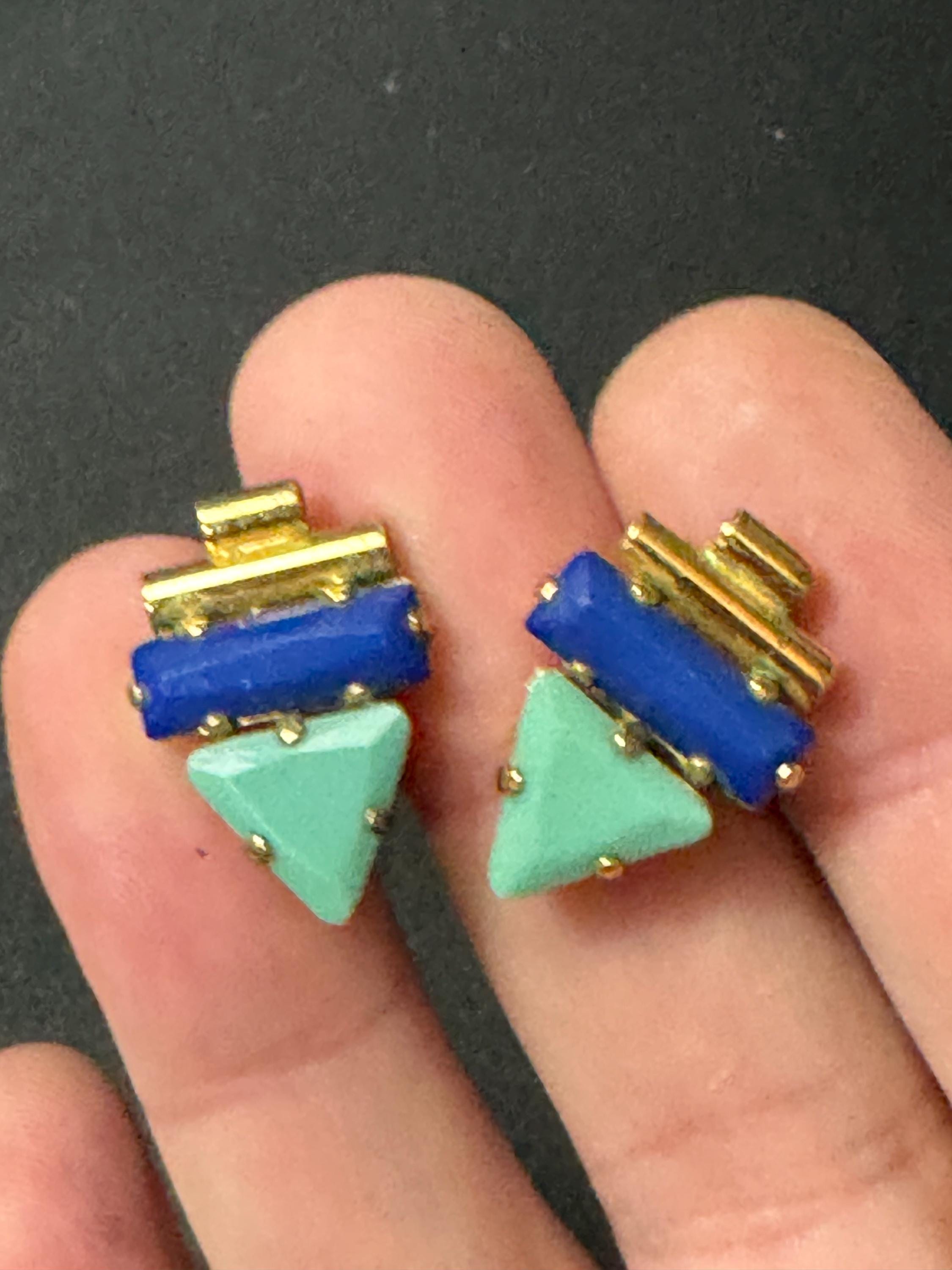 Signed Reminiscence Vintage small Egyptian style turquoise and blue rhinestone earrings Paris French pierced