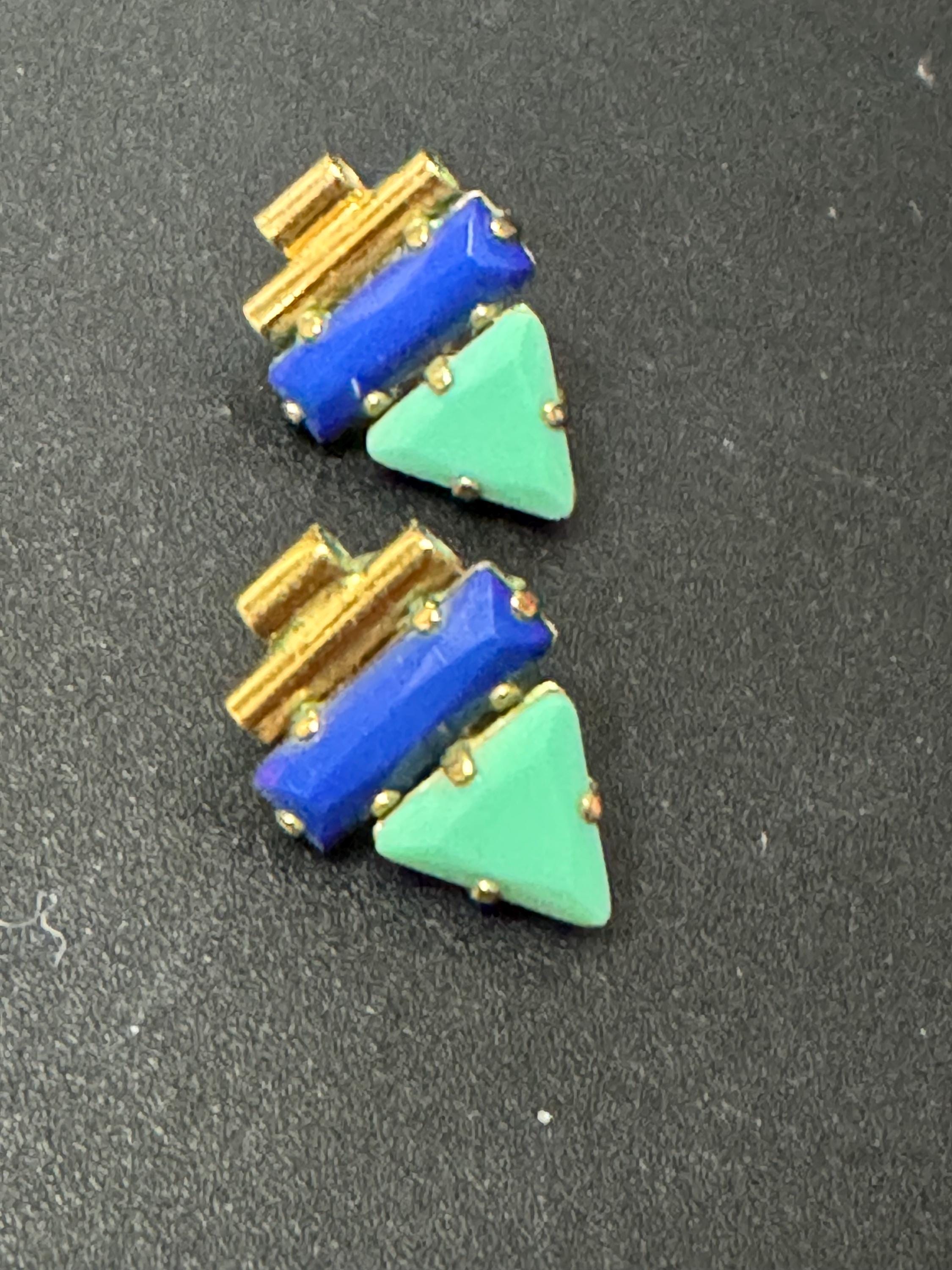 Signed Reminiscence Vintage small Egyptian style turquoise and blue rhinestone earrings Paris French pierced