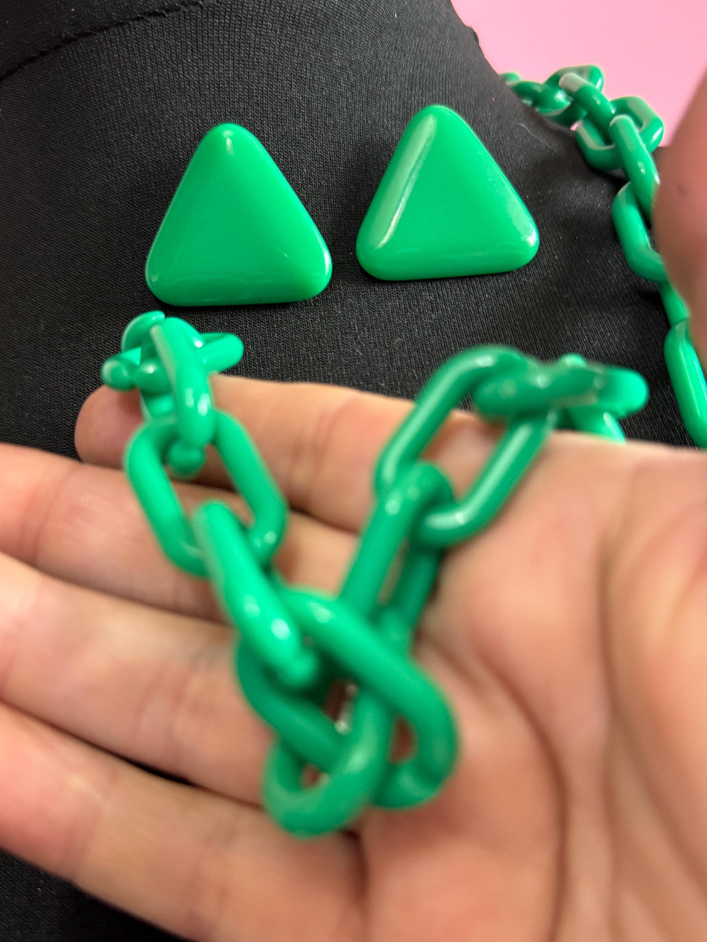 Vintage Bright Green Plastic Jewelry Set: Chunky Chain Necklace & Triangle Earrings