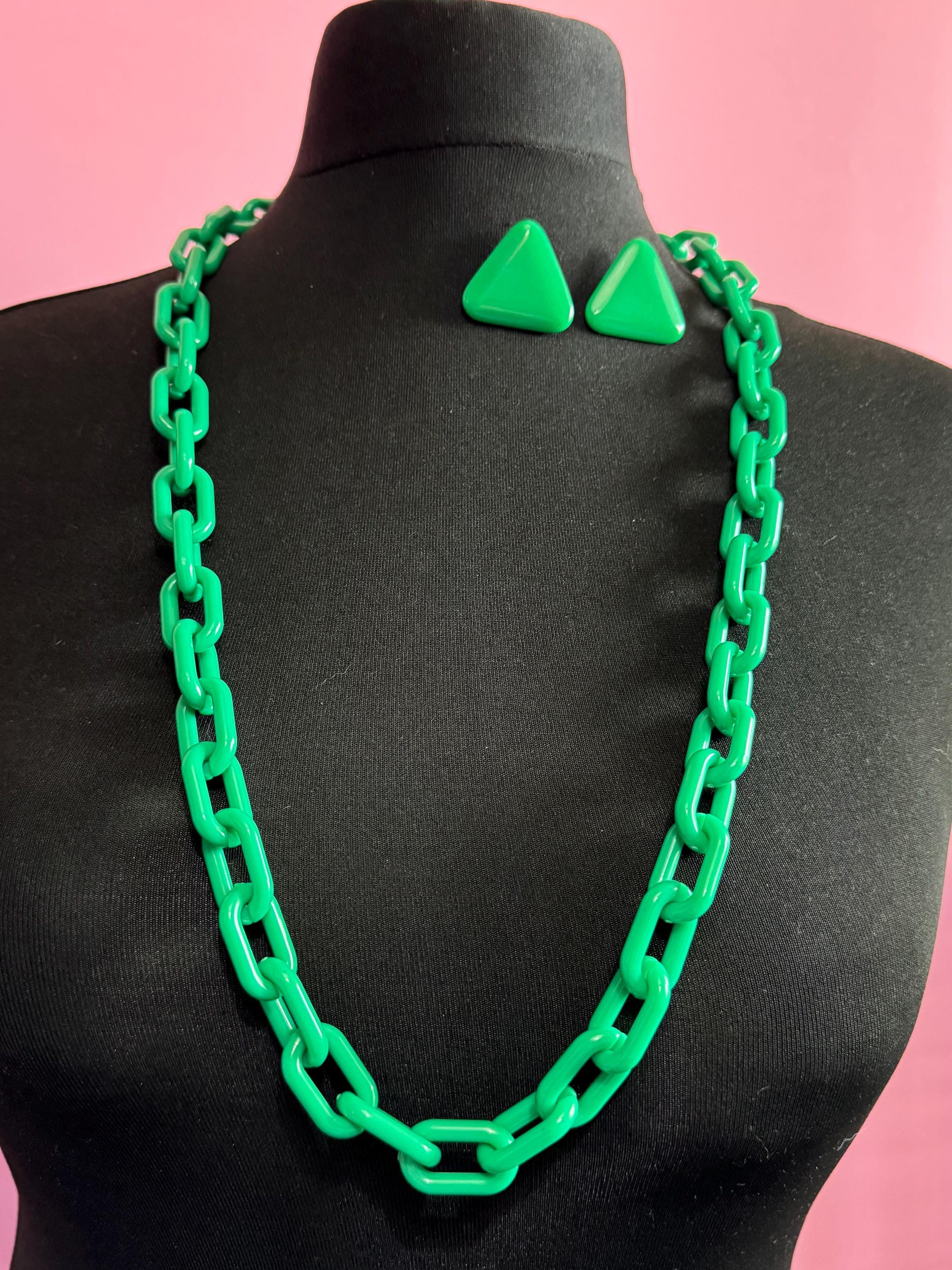 Vintage Bright Green Plastic Jewelry Set: Chunky Chain Necklace & Triangle Earrings
