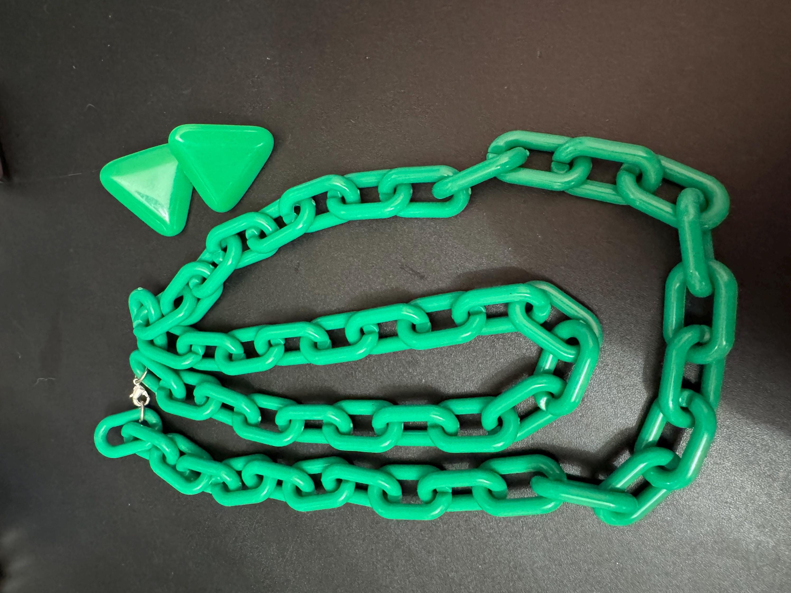 Vintage Bright Green Plastic Jewelry Set: Chunky Chain Necklace & Triangle Earrings
