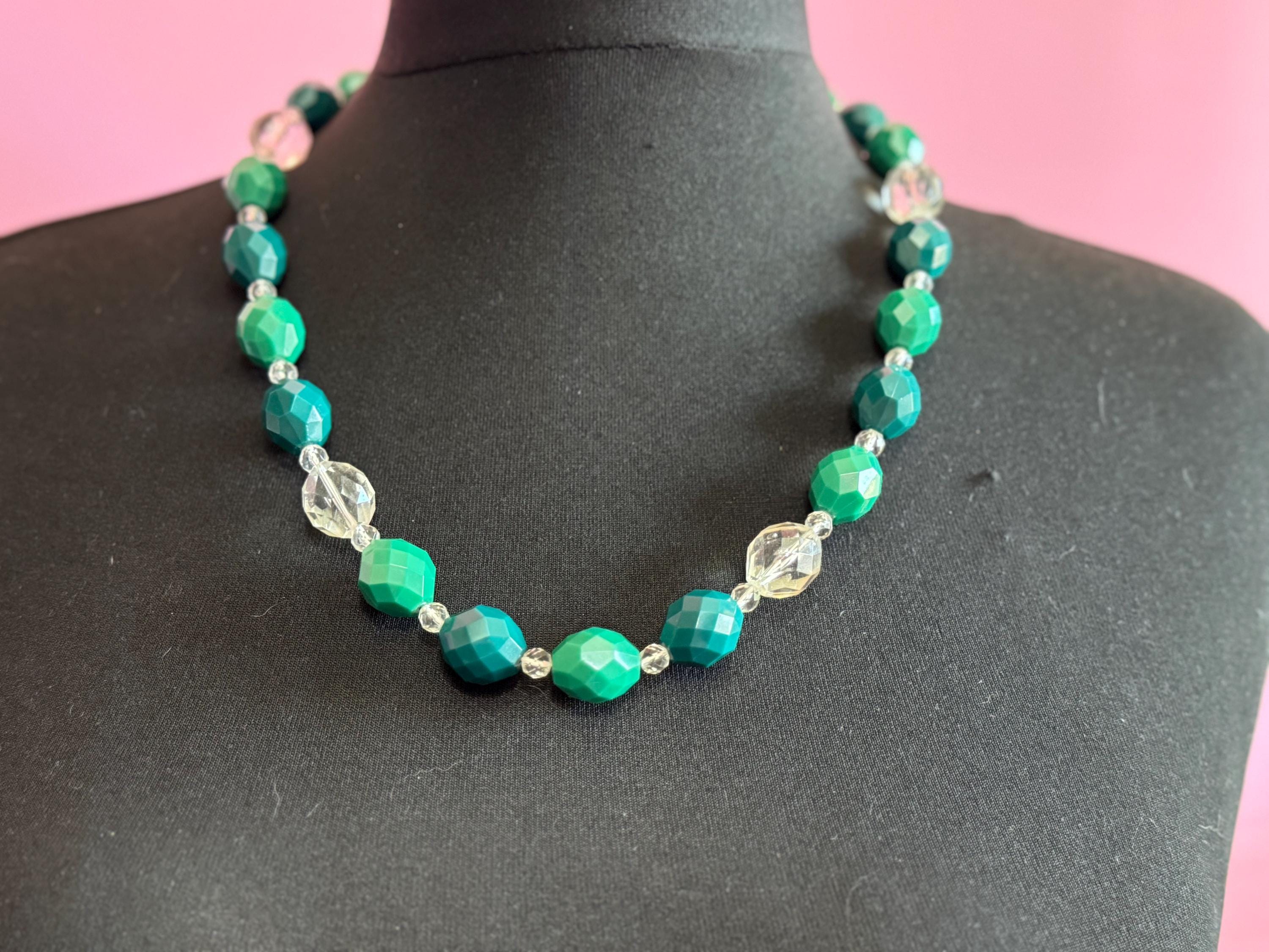 Vintage clear, blue and green faceted acrylic plastic chunky long beaded necklace 63cm