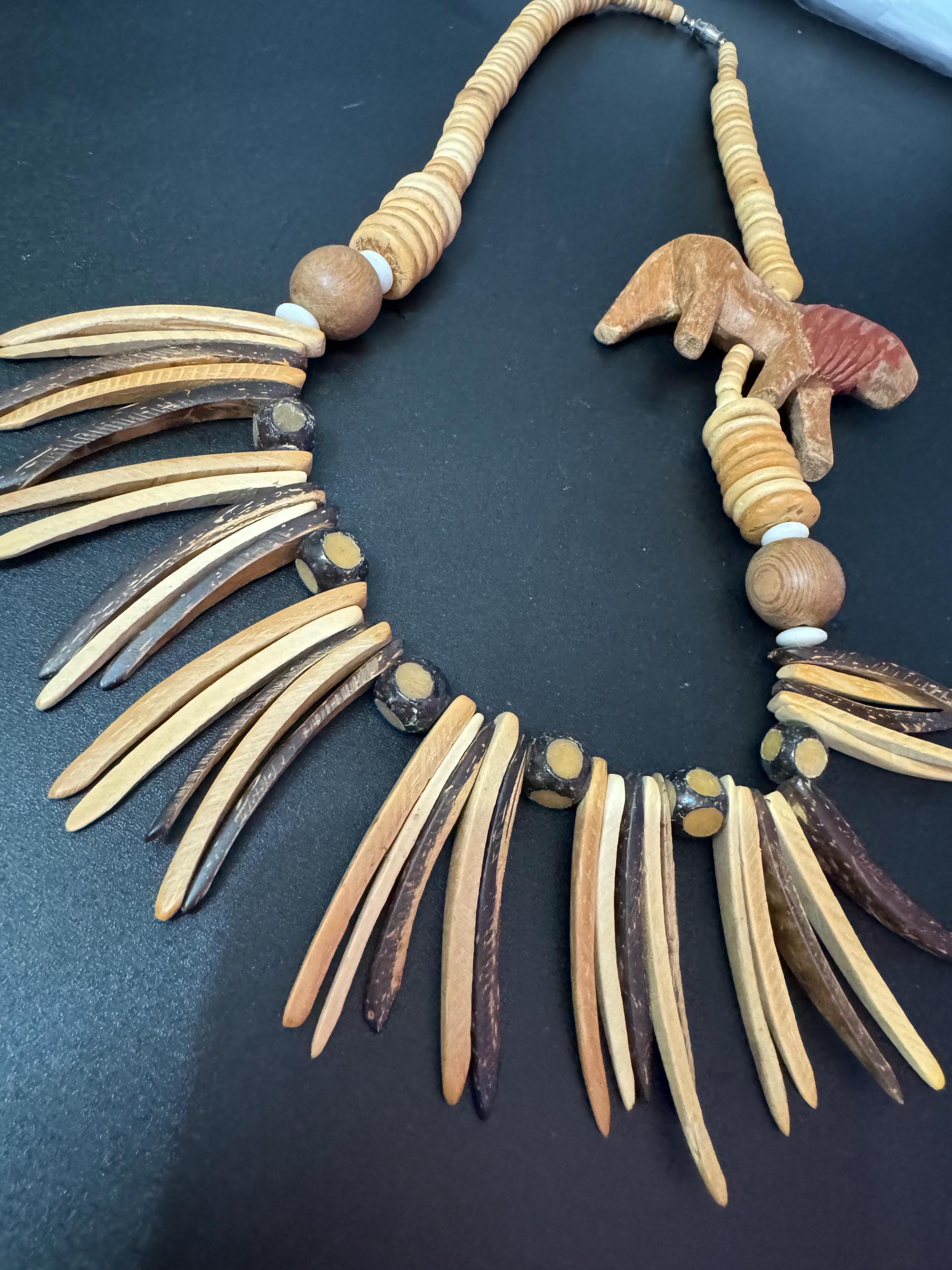 vintage dark brown wooden beaded carved lion long African necklace big cat jewellery