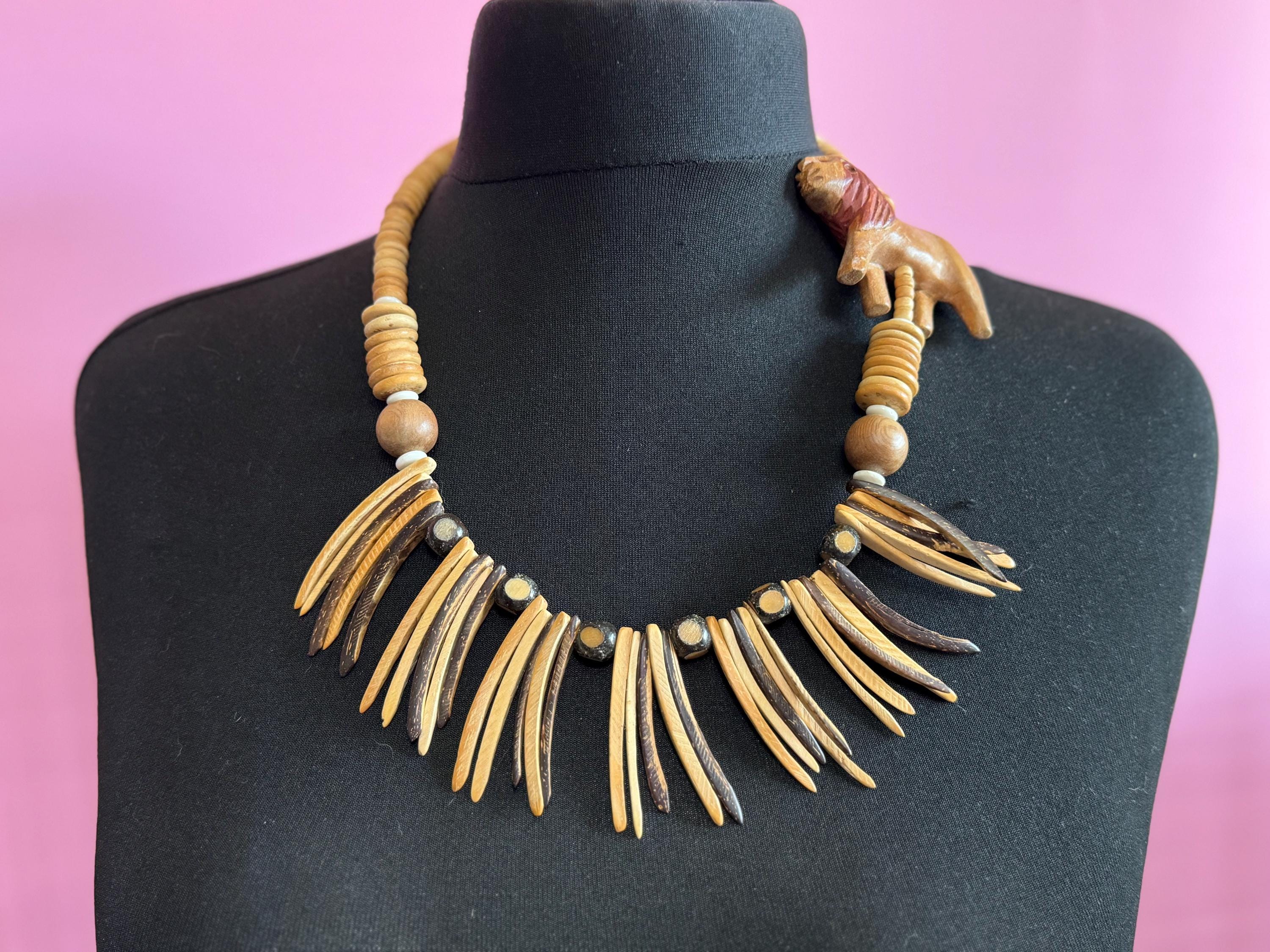 vintage dark brown wooden beaded carved lion long African necklace big cat jewellery
