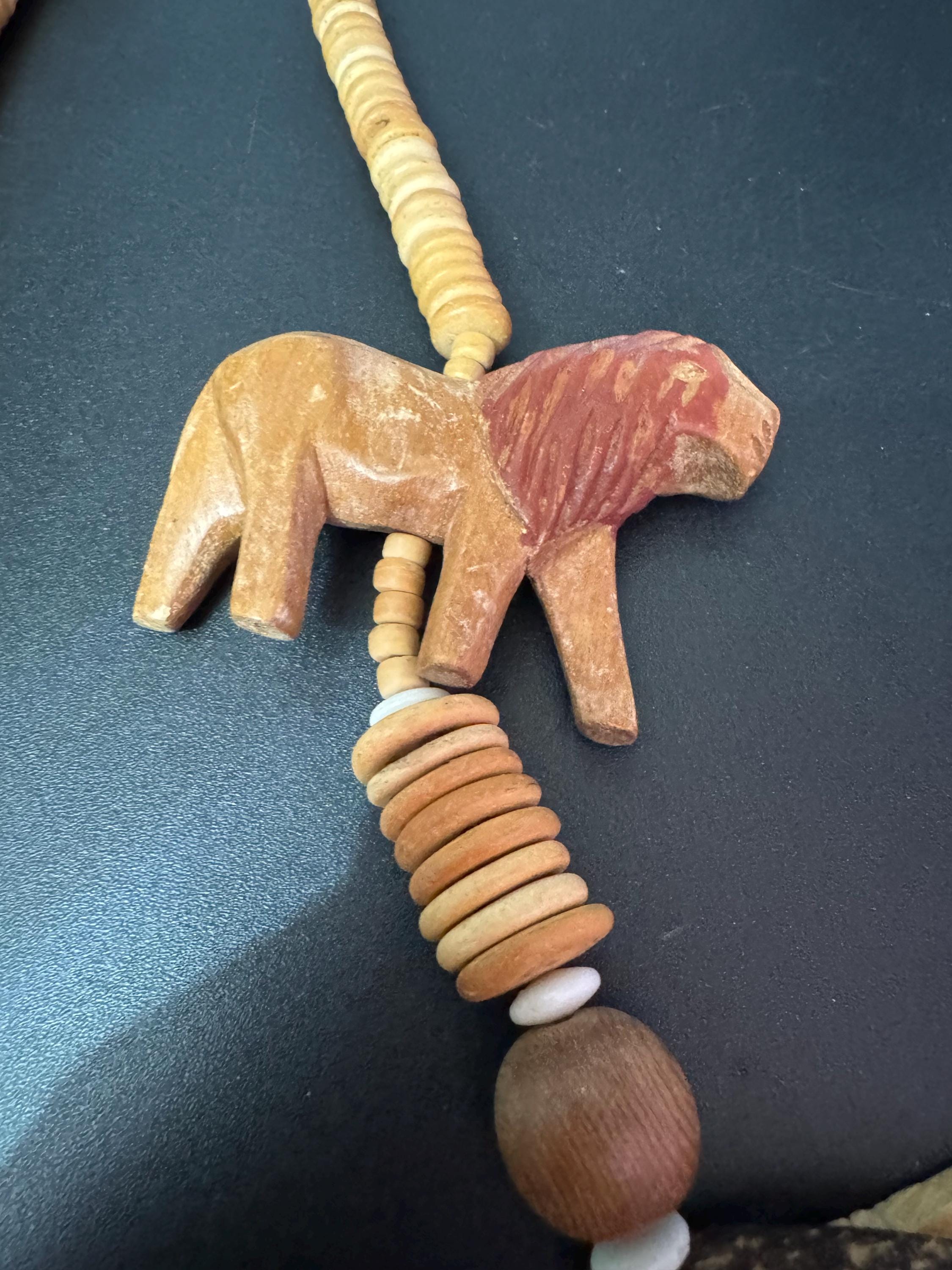 vintage dark brown wooden beaded carved lion long African necklace big cat jewellery