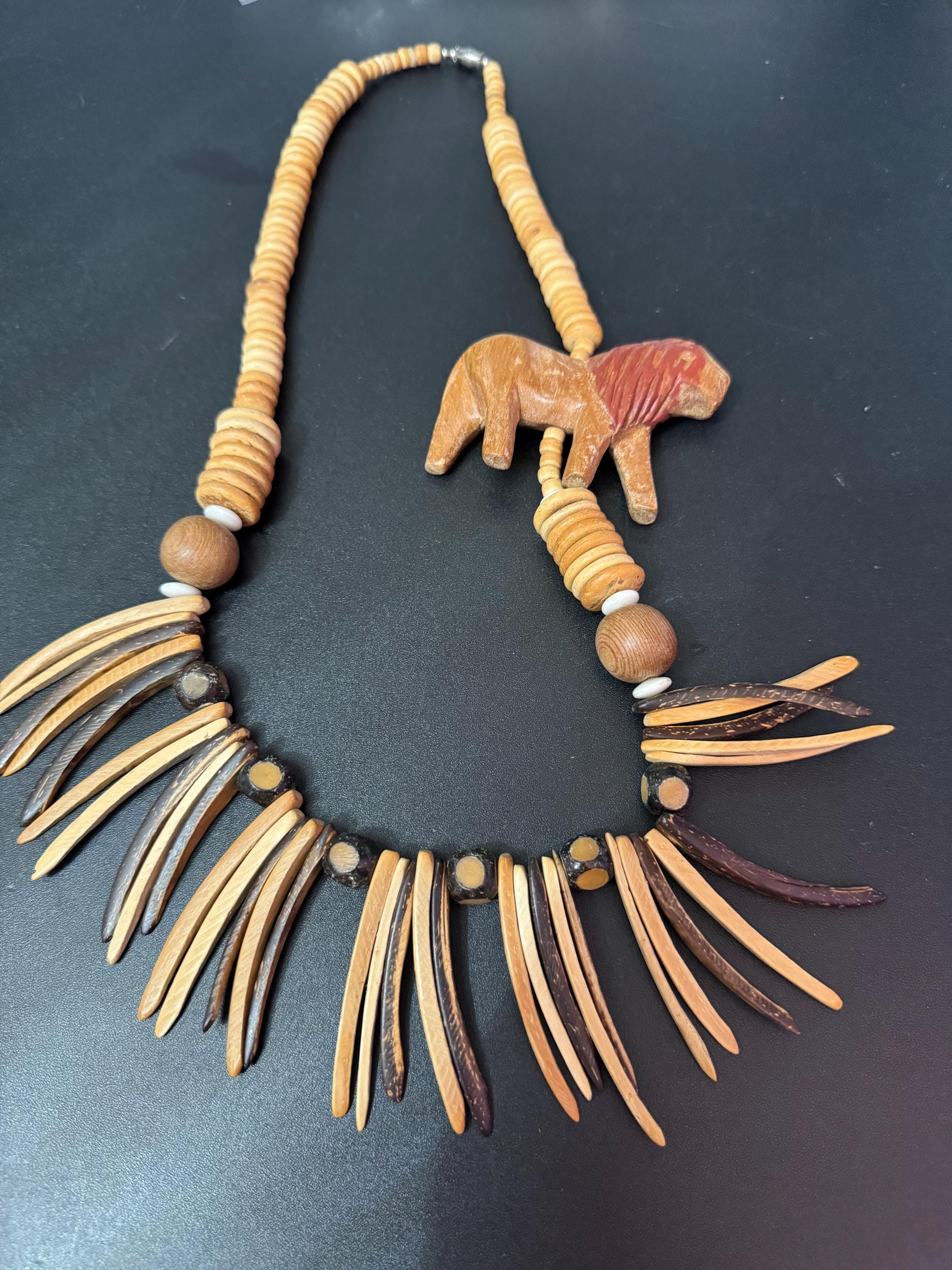 vintage dark brown wooden beaded carved lion long African necklace big cat jewellery