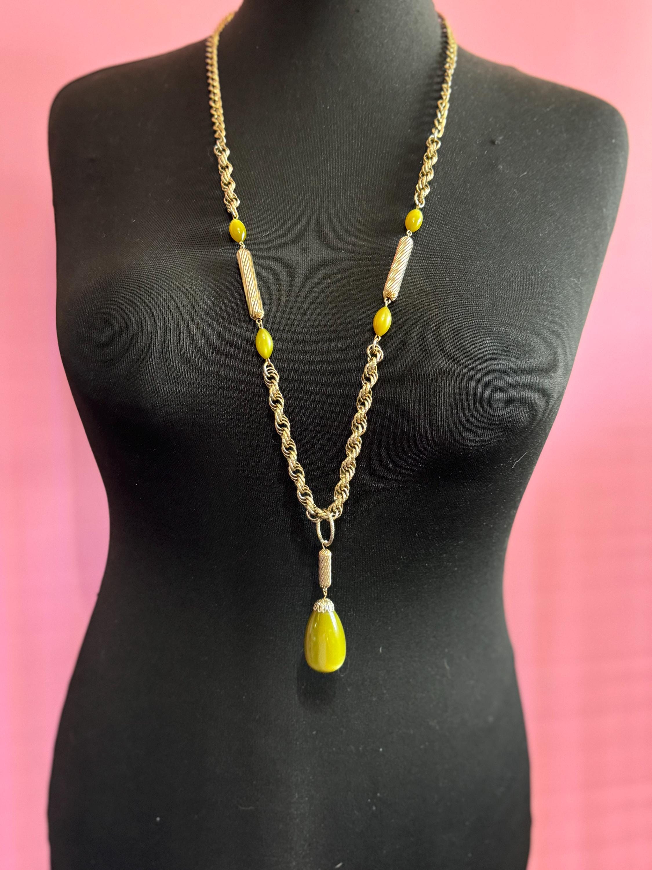 Vintage 1970s Olive Green Glass Beaded Rope Chain Necklace (96cm)