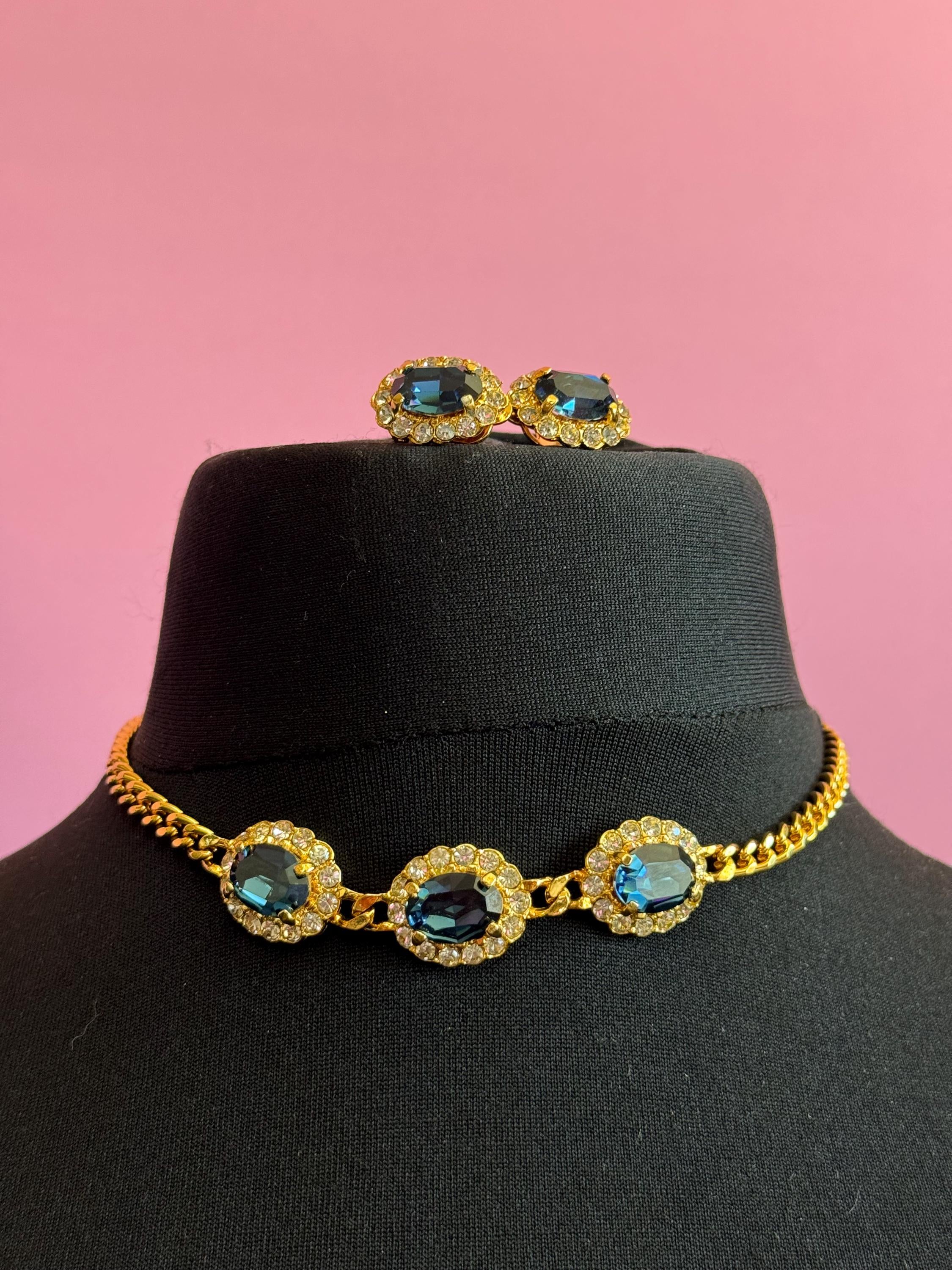 Vintage sapphire blue clear genuine Swarovski crystal oval gold tone necklace and clip on earrings jewellery set
