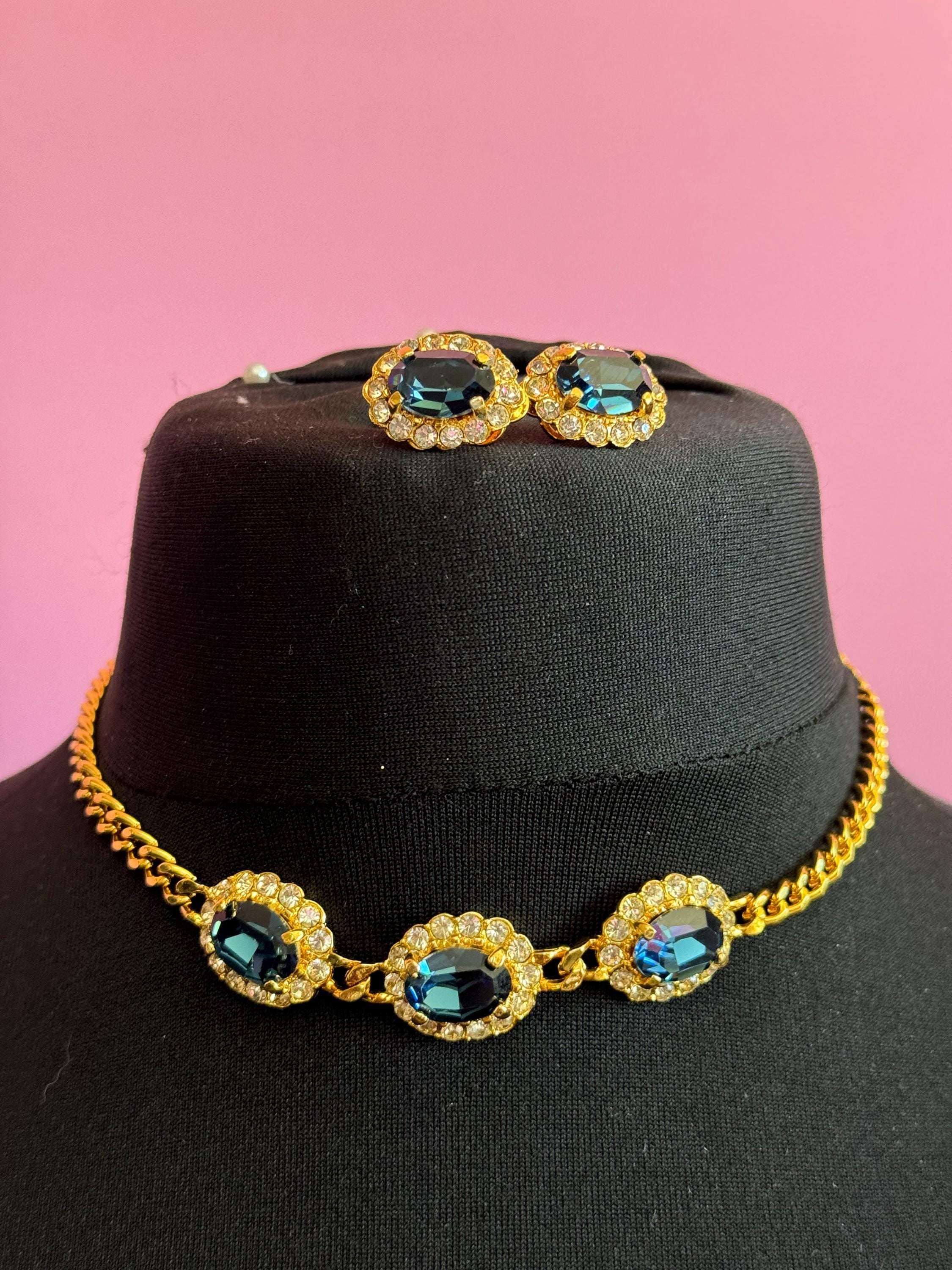 Vintage sapphire blue clear genuine Swarovski crystal oval gold tone necklace and clip on earrings jewellery set