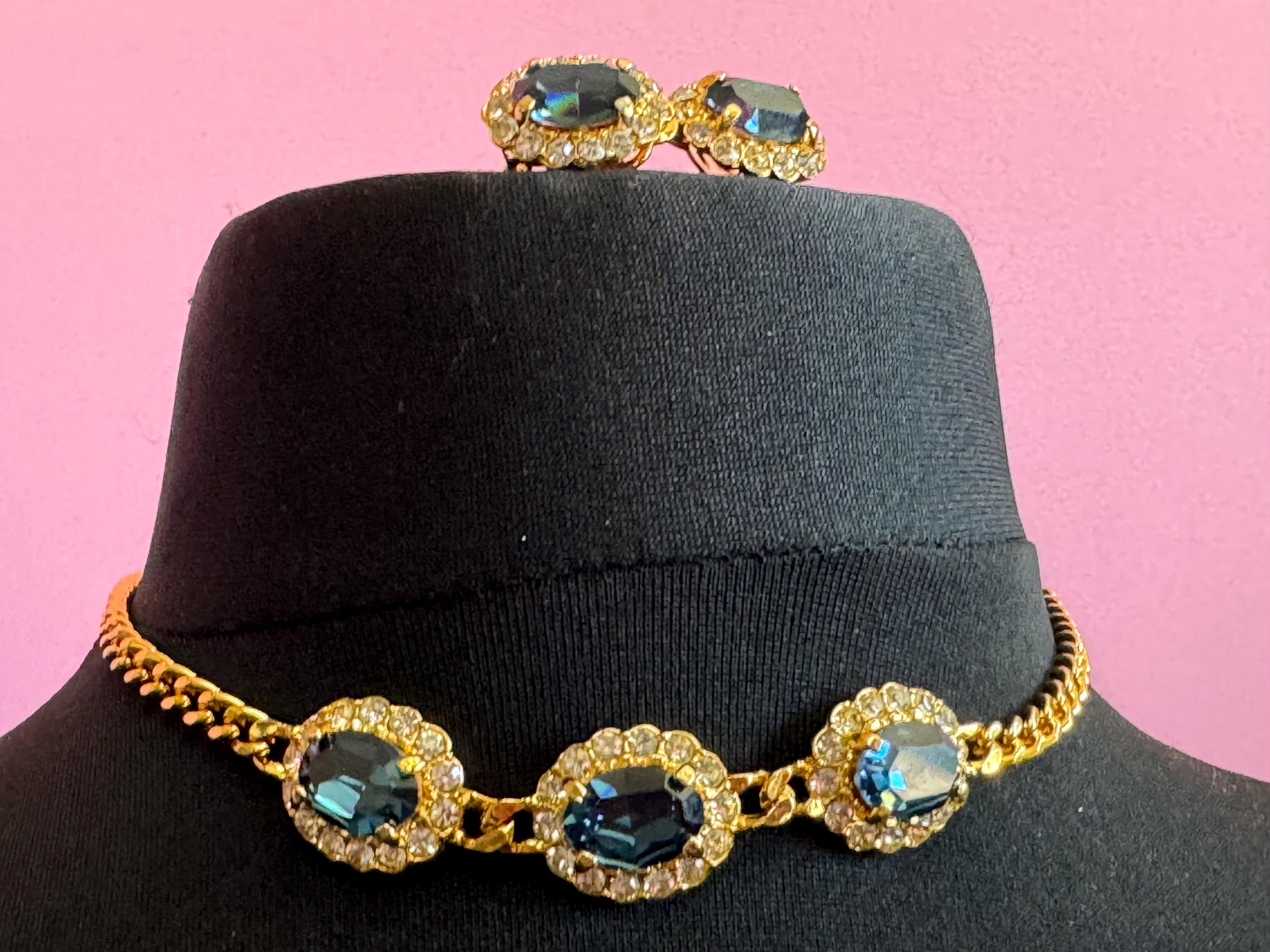 Vintage sapphire blue clear genuine Swarovski crystal oval gold tone necklace and clip on earrings jewellery set