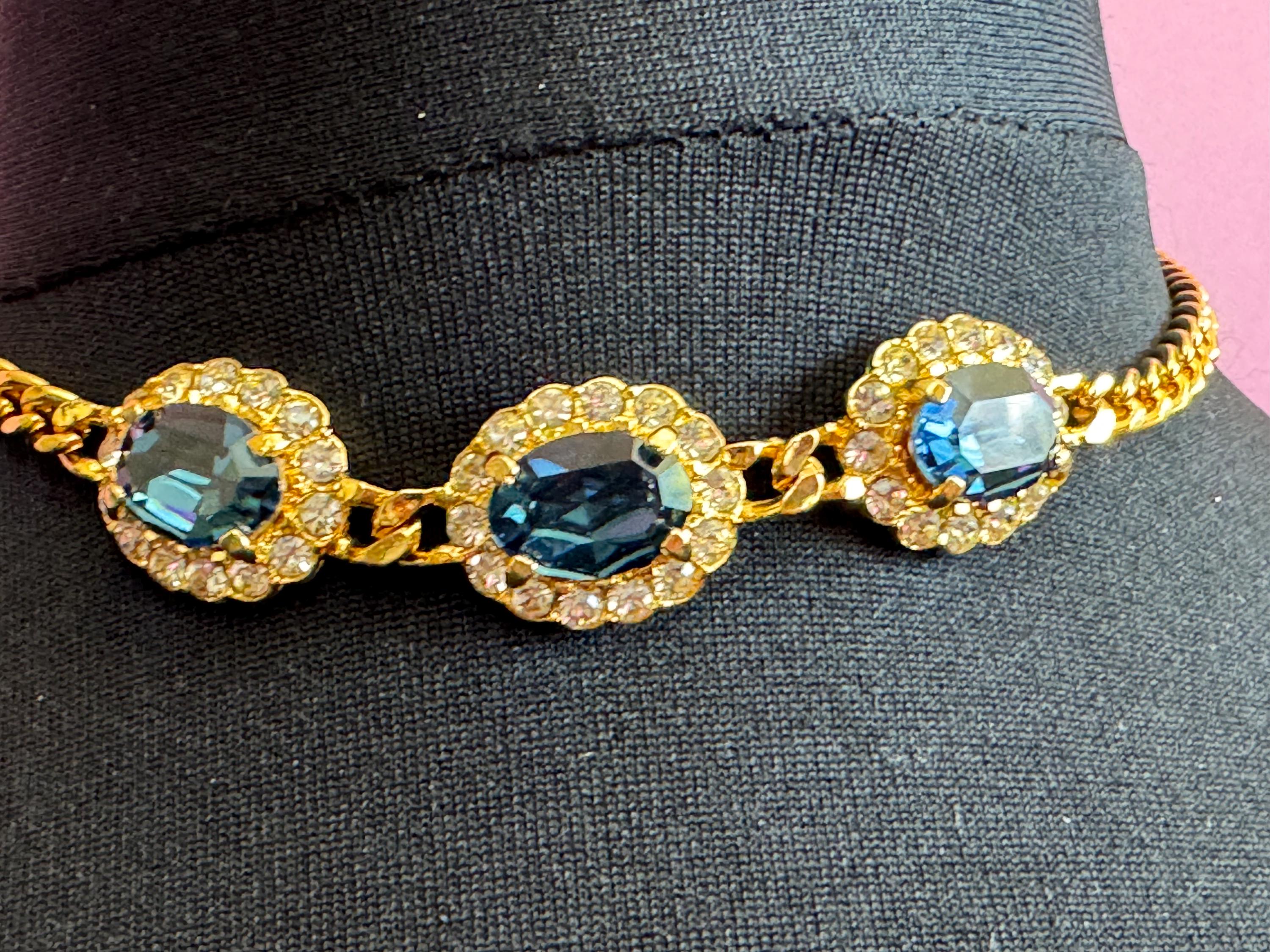 Vintage sapphire blue clear genuine Swarovski crystal oval gold tone necklace and clip on earrings jewellery set
