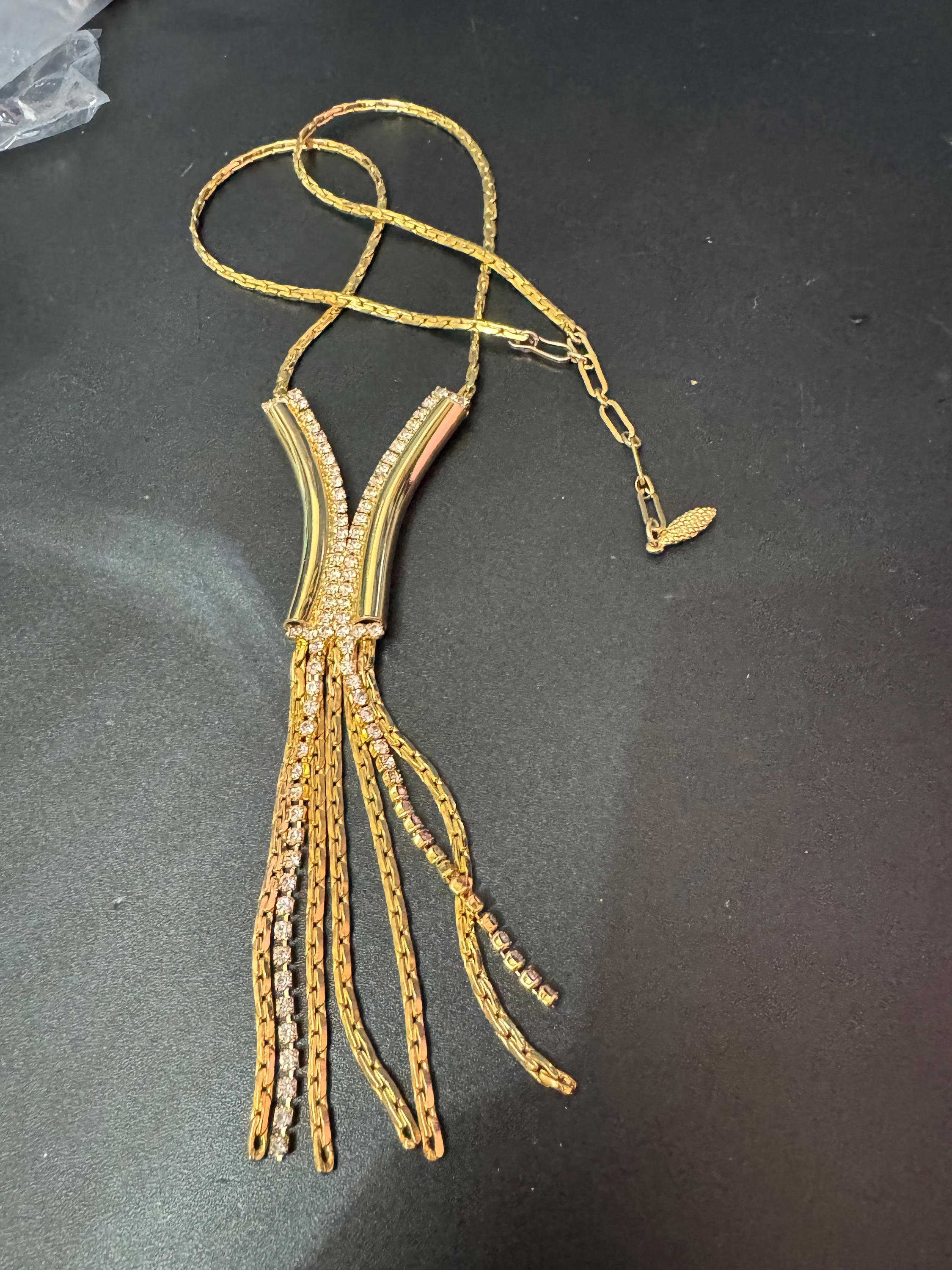 Vintage gold tone mesh lariat drop necklace with clear diamanté glass paste stones