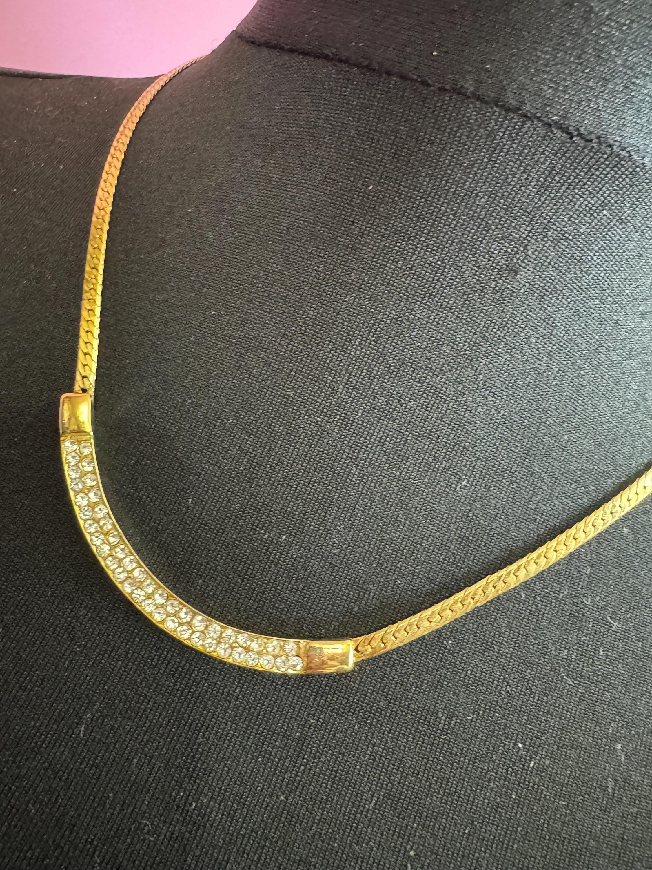 Vintage gold tone mesh lariat drop necklace with clear diamanté glass paste stones