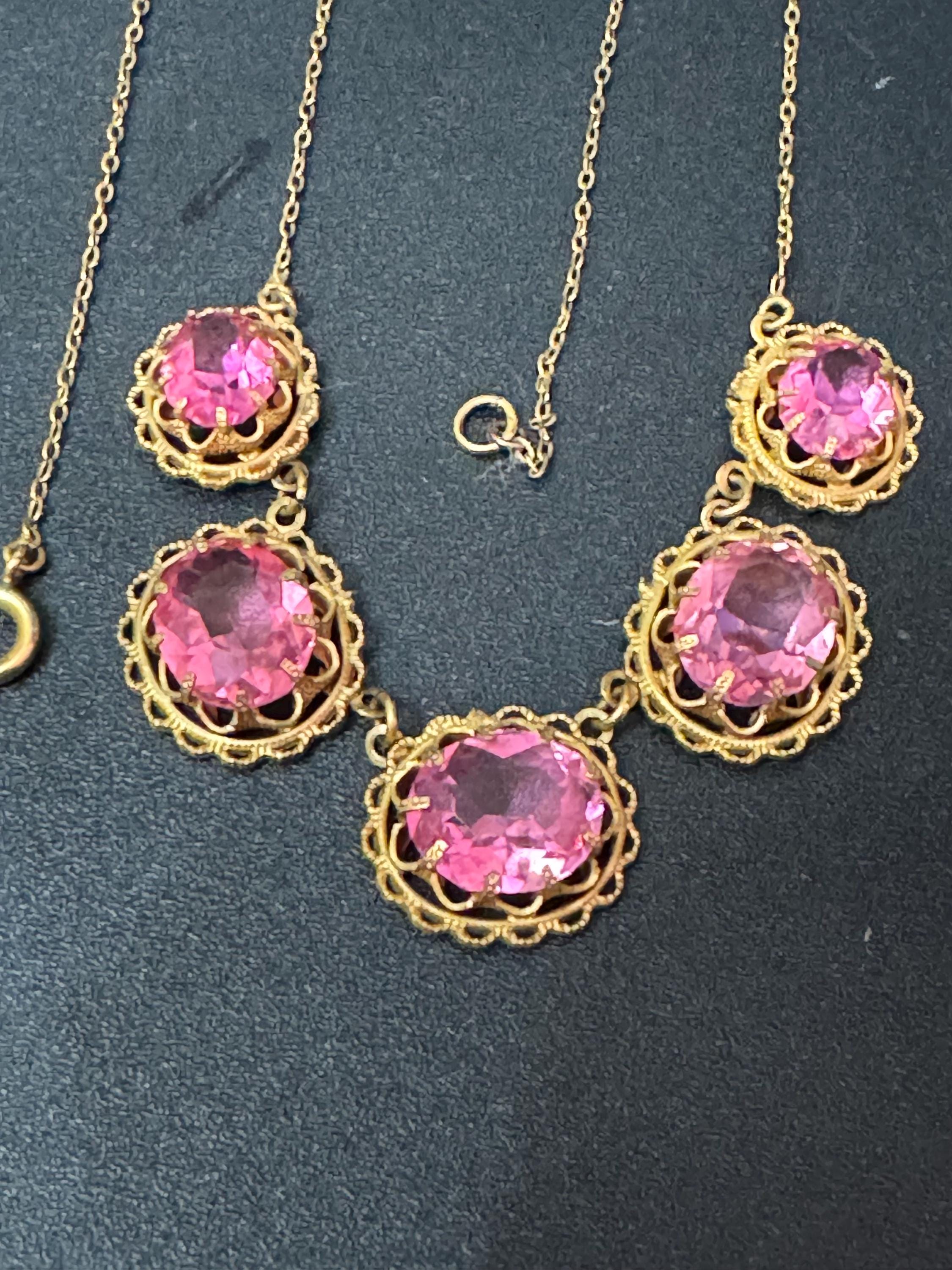 pink rhinestone dainty necklace, Vintage gold tone 45cm