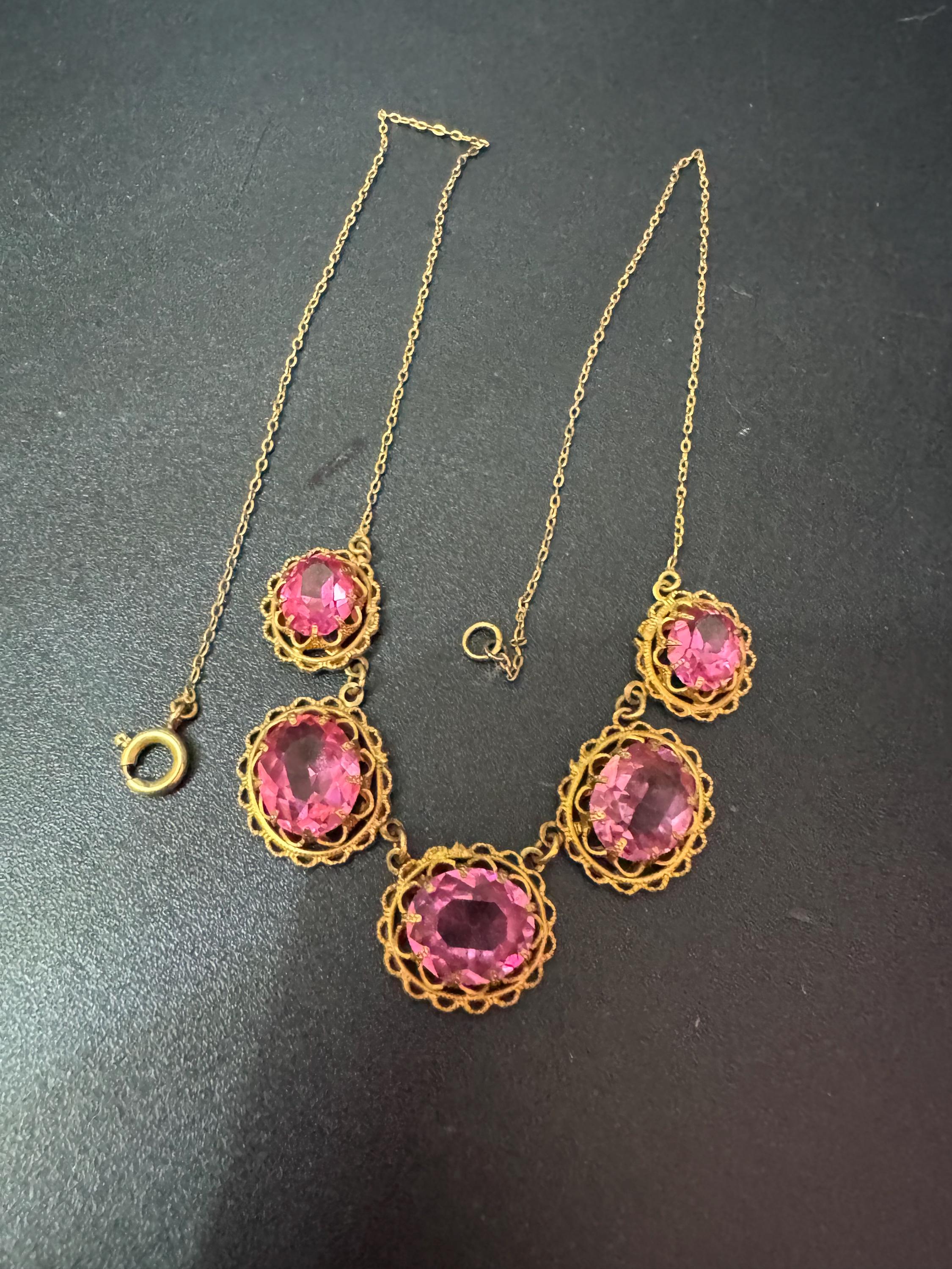 pink rhinestone dainty necklace, Vintage gold tone 45cm