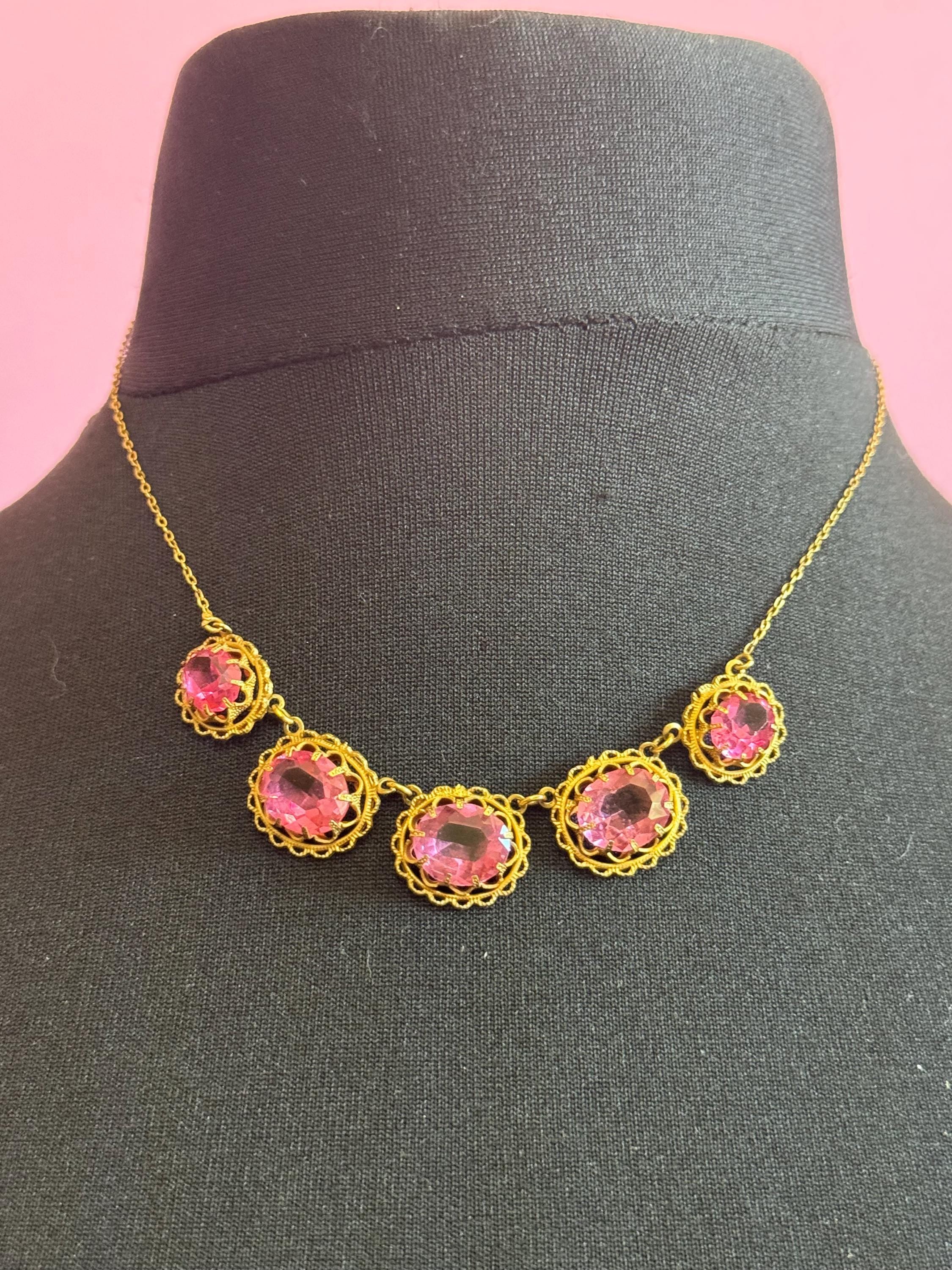 pink rhinestone dainty necklace, Vintage gold tone 45cm