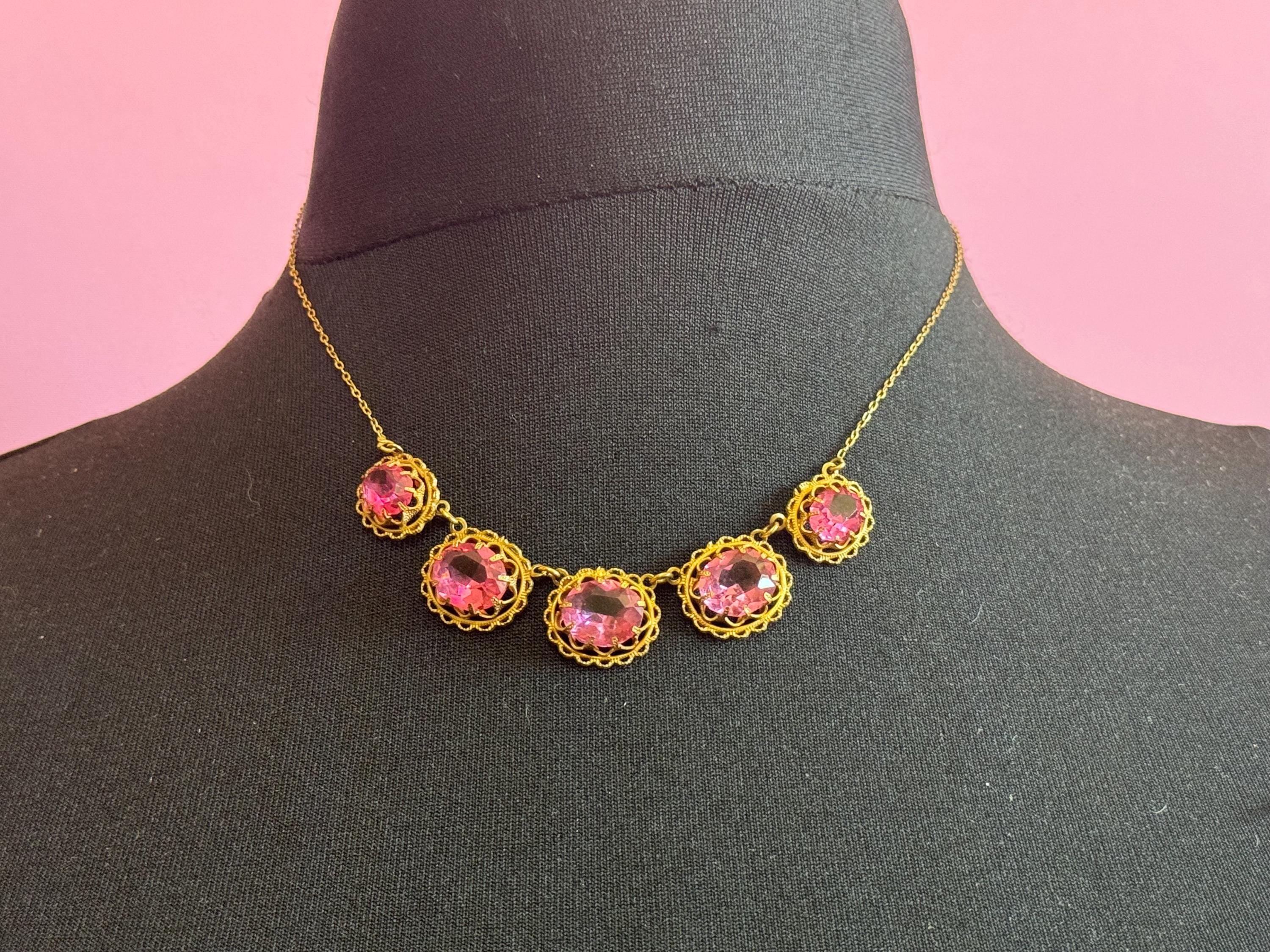 pink rhinestone dainty necklace, Vintage gold tone 45cm
