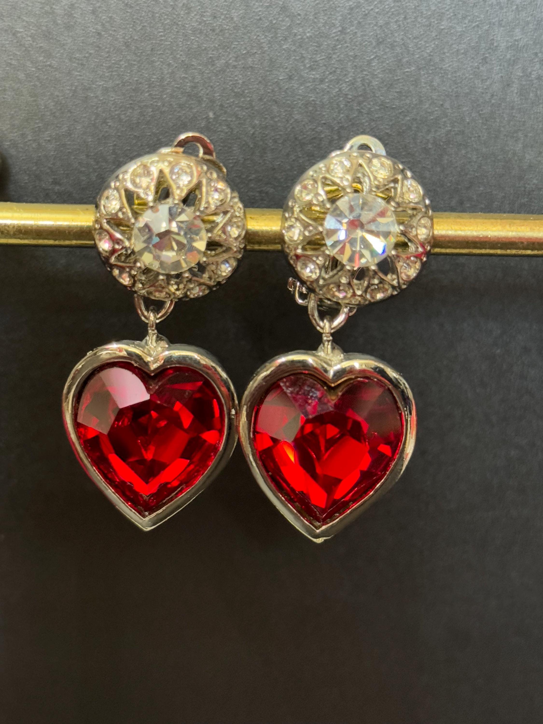 Vintage 1980s Swarovski Crystal Heart Drop Earrings: Ruby Red Silver Tone