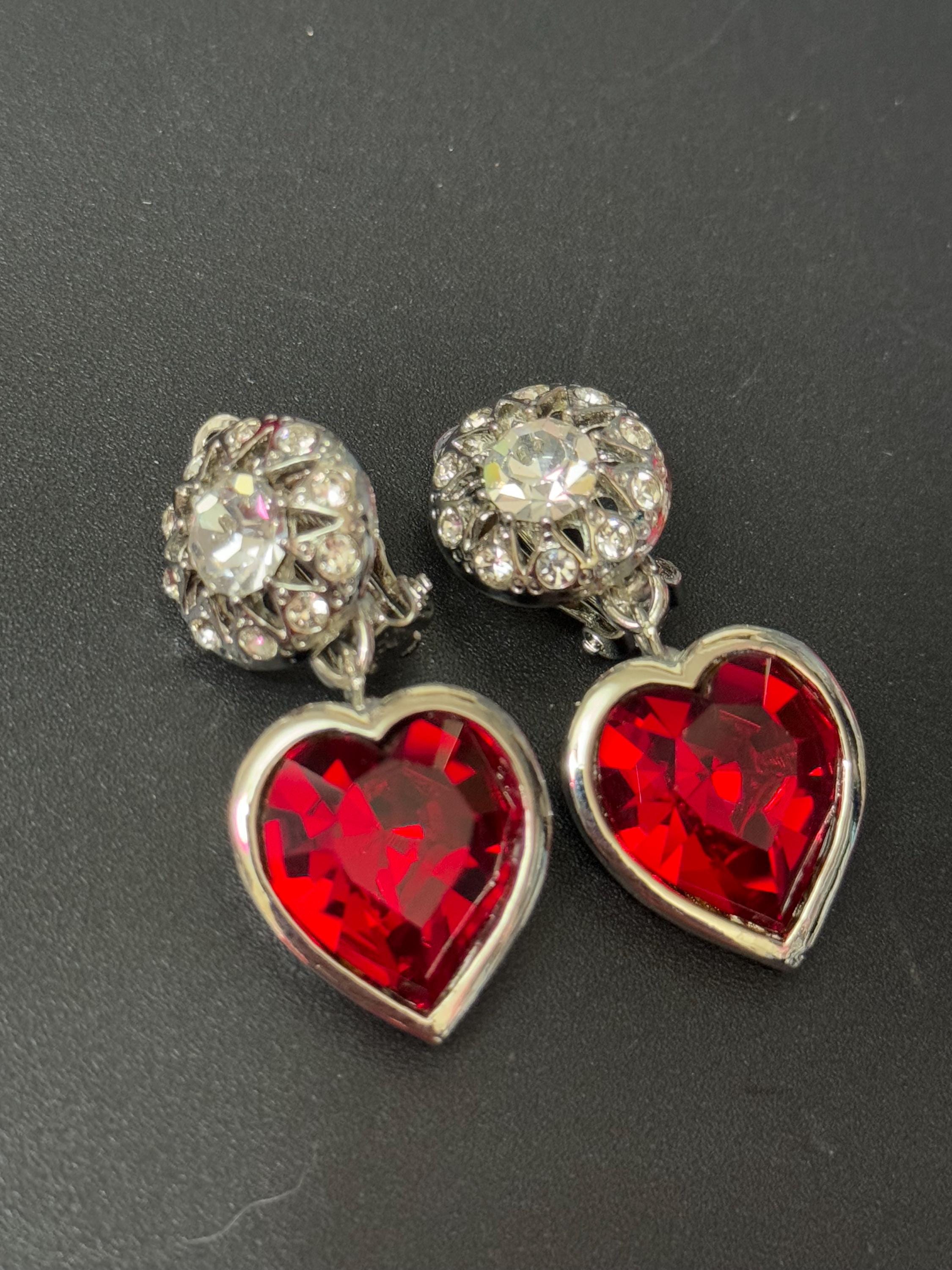 Vintage 1980s Swarovski Crystal Heart Drop Earrings: Ruby Red Silver Tone
