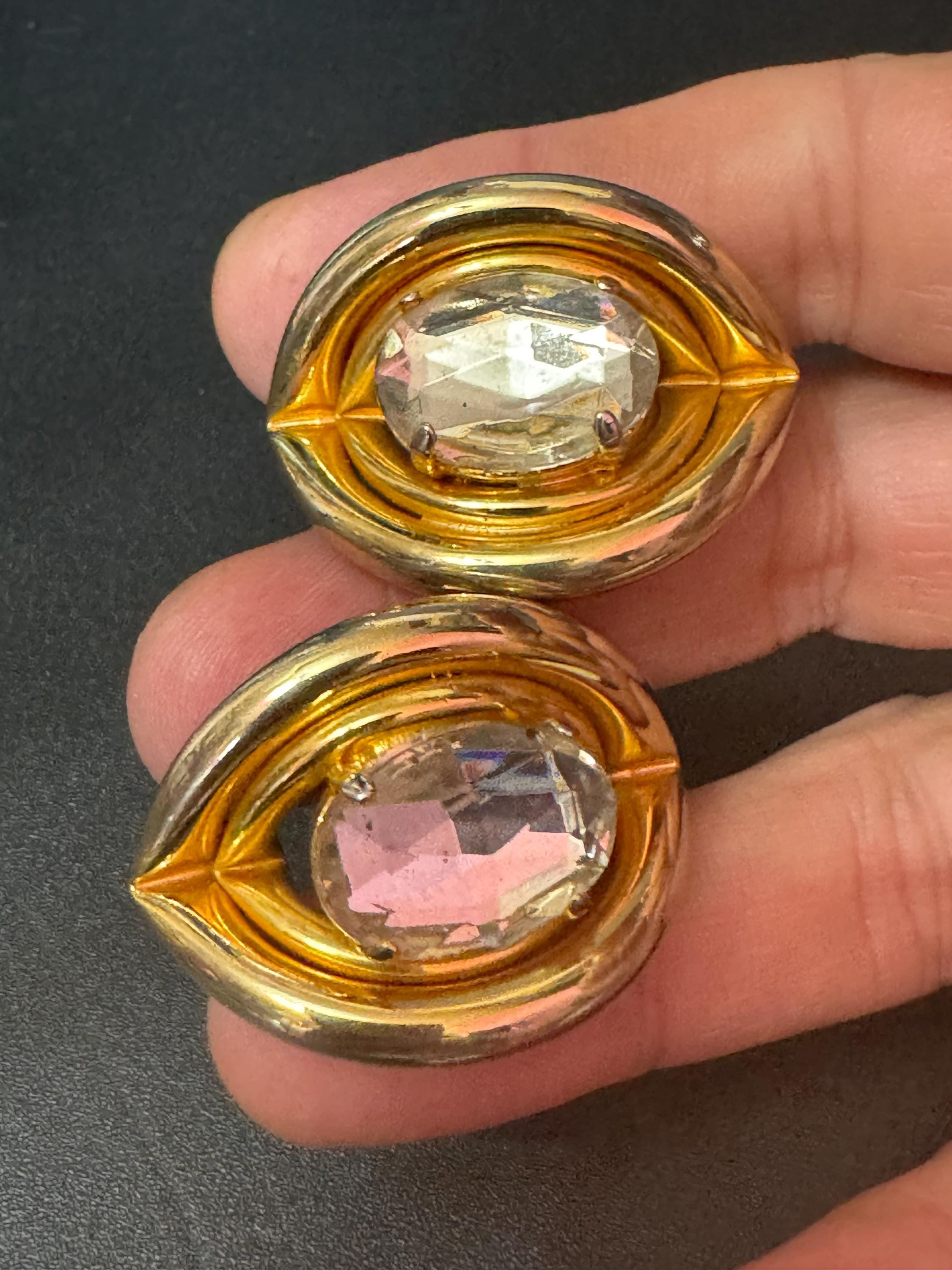 XL gold tone clip on diamante paste stud tube earrings