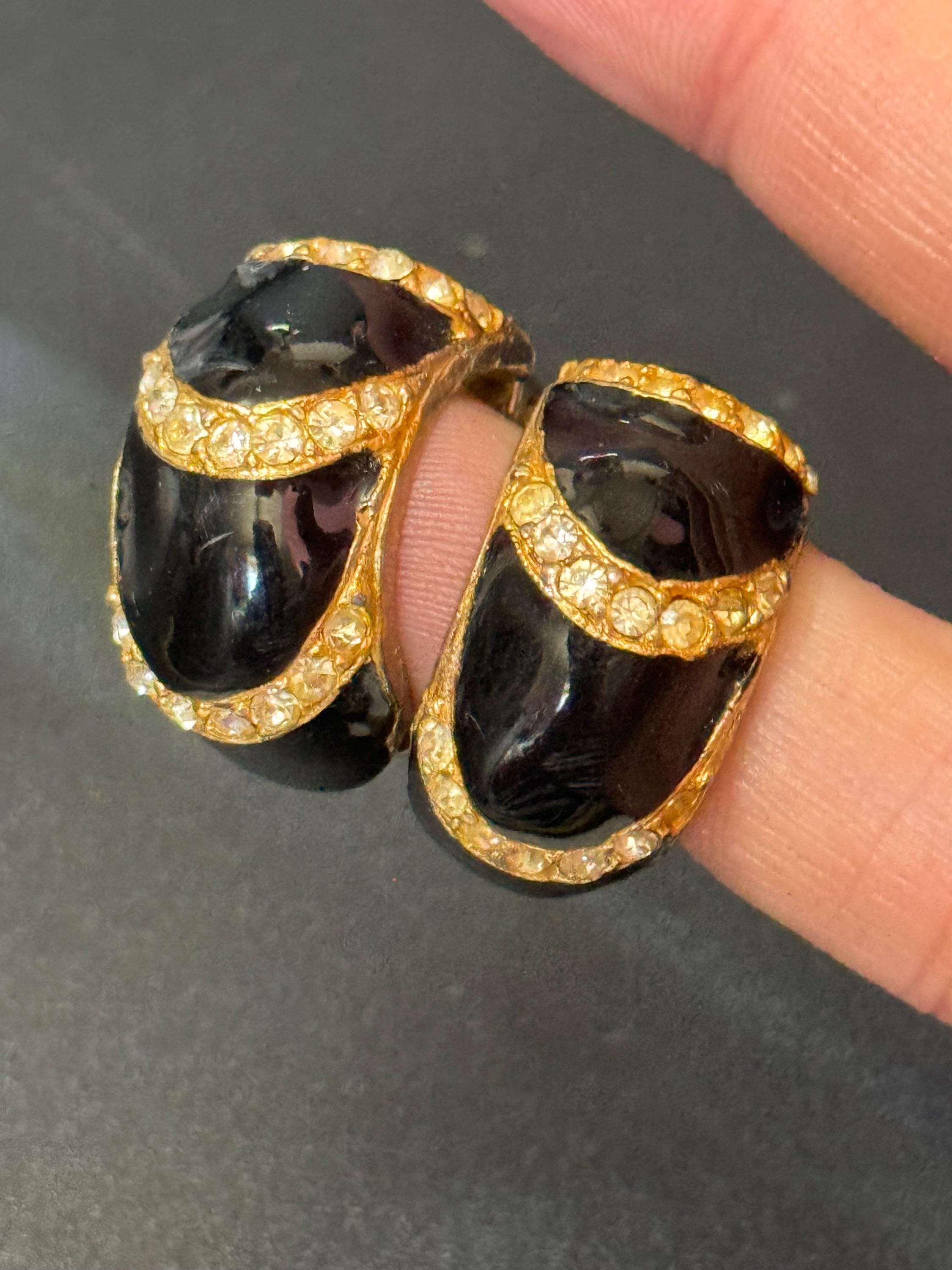 Black enamel diamanté Clip On Earrings, half hoop studs