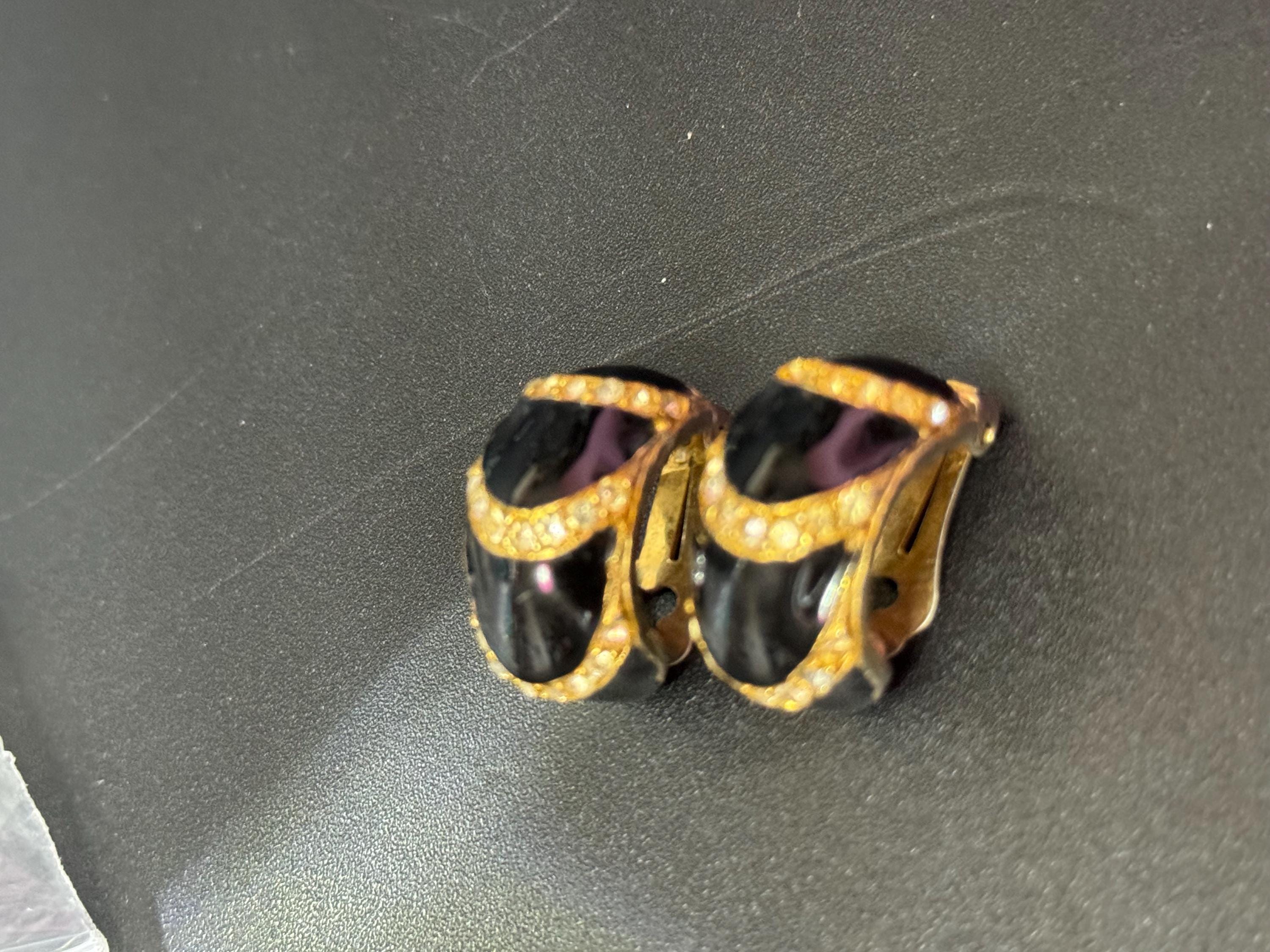 Black enamel diamanté Clip On Earrings, half hoop studs