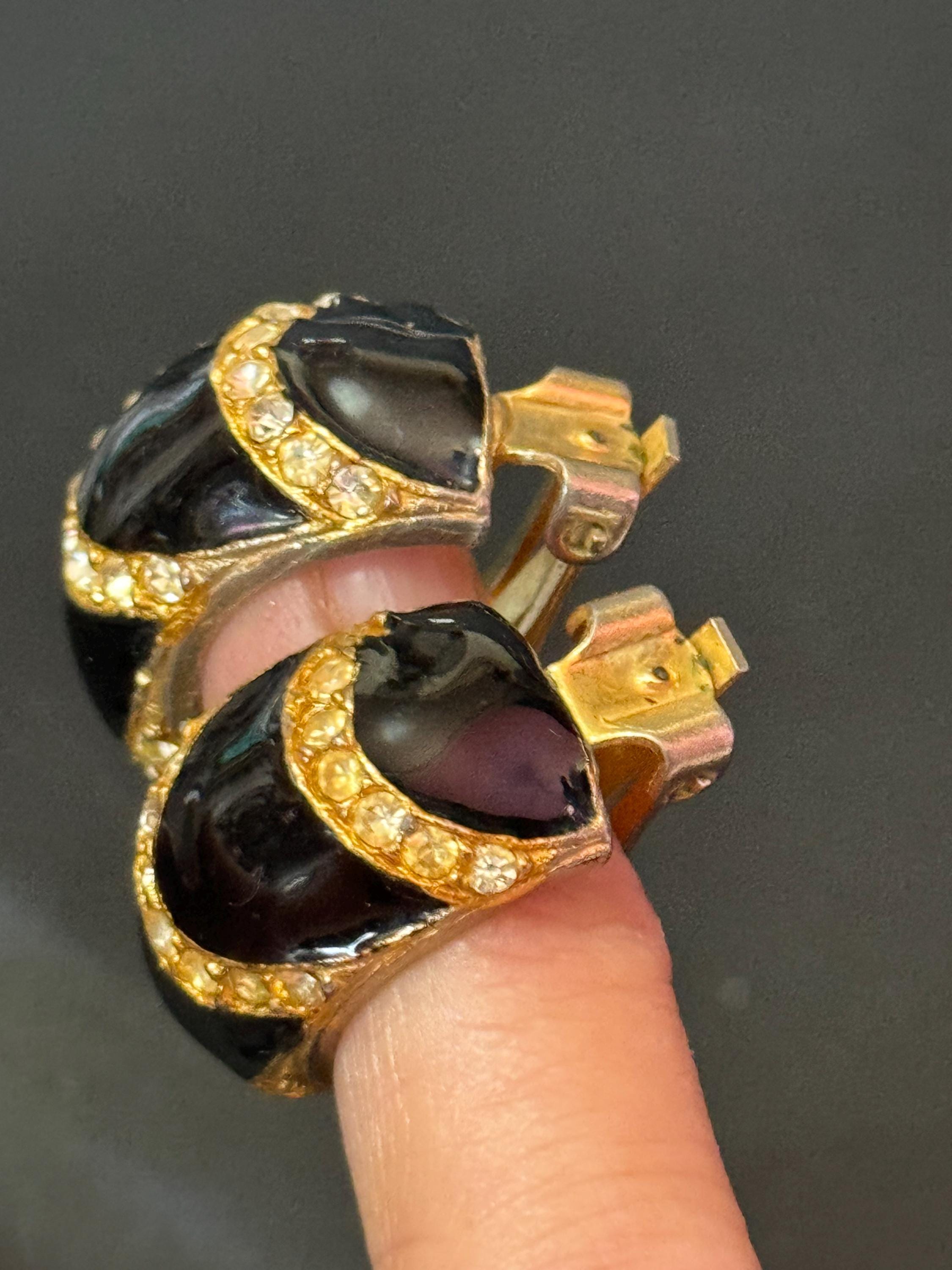 Black enamel diamanté Clip On Earrings, half hoop studs