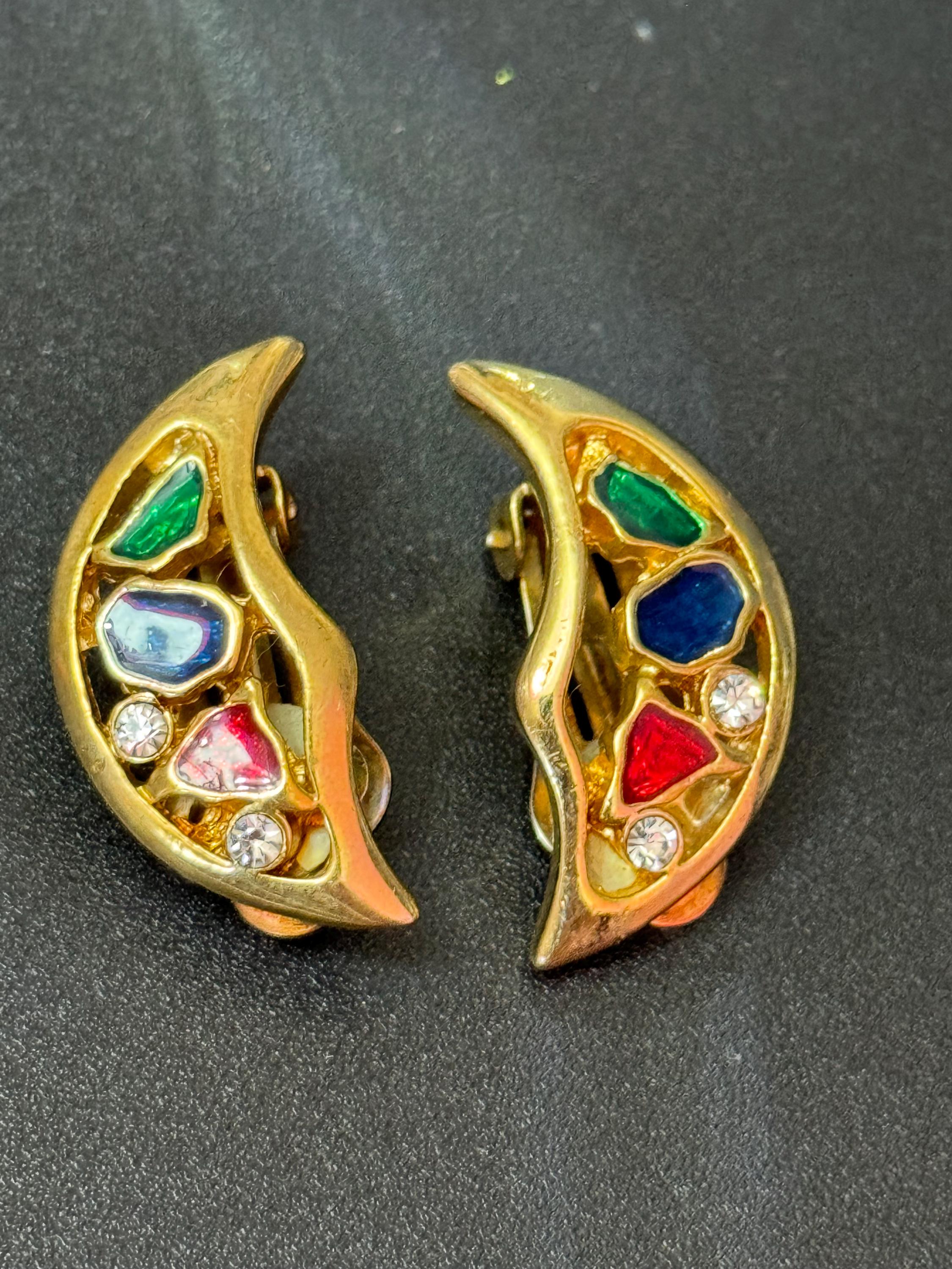 Crescent Moon Clip On Earrings: Diamanté Gripoix Style