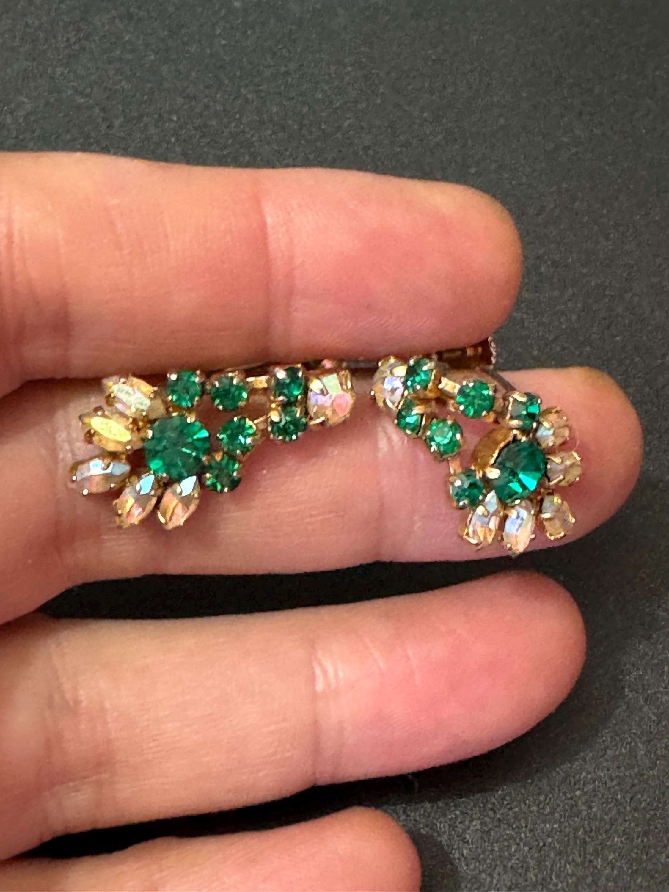 Vintage Art Deco Emerald Green Rhinestone Clip On Earrings