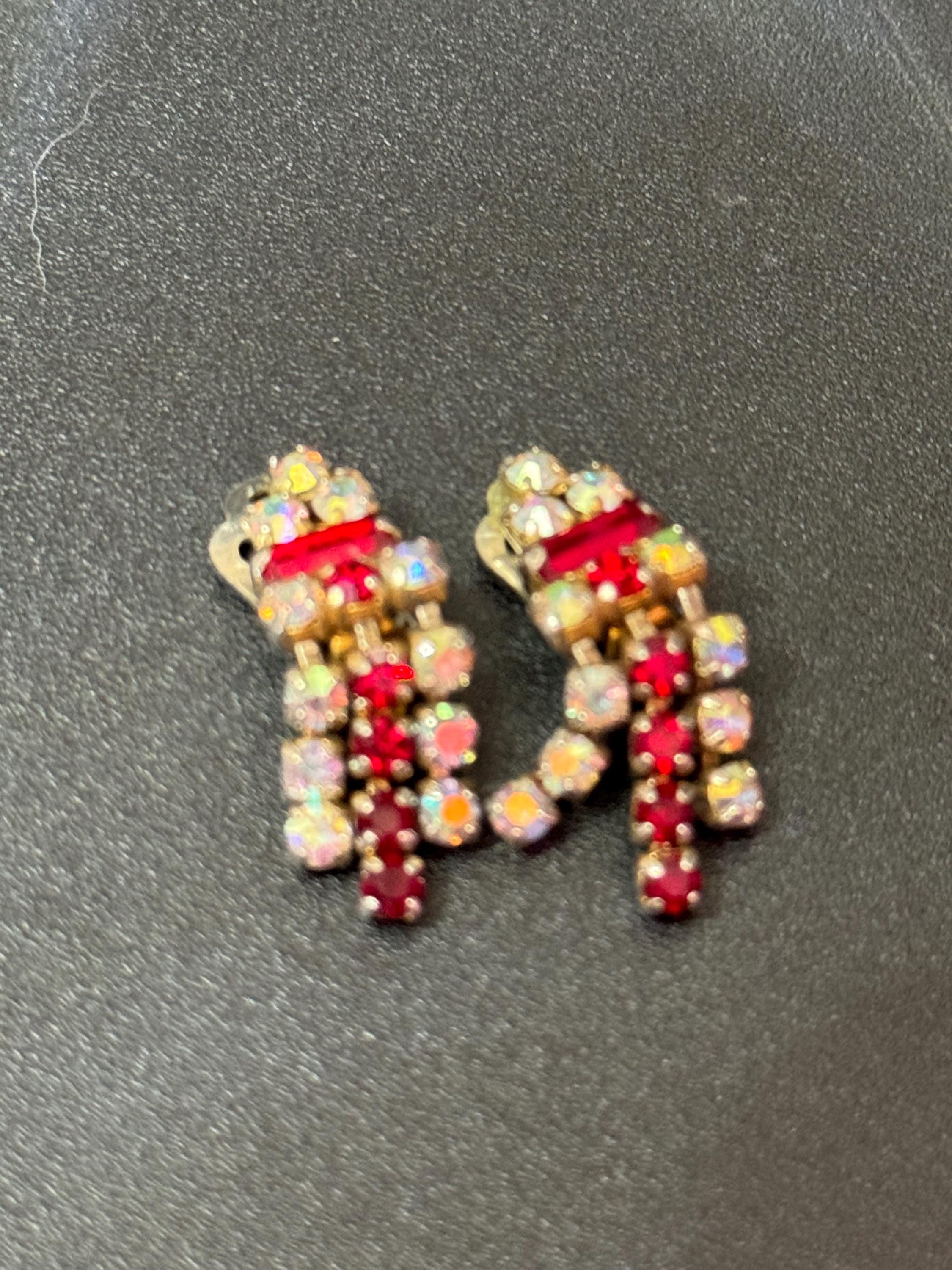 Ruby glass rhinestone earrings, vintage gold tone