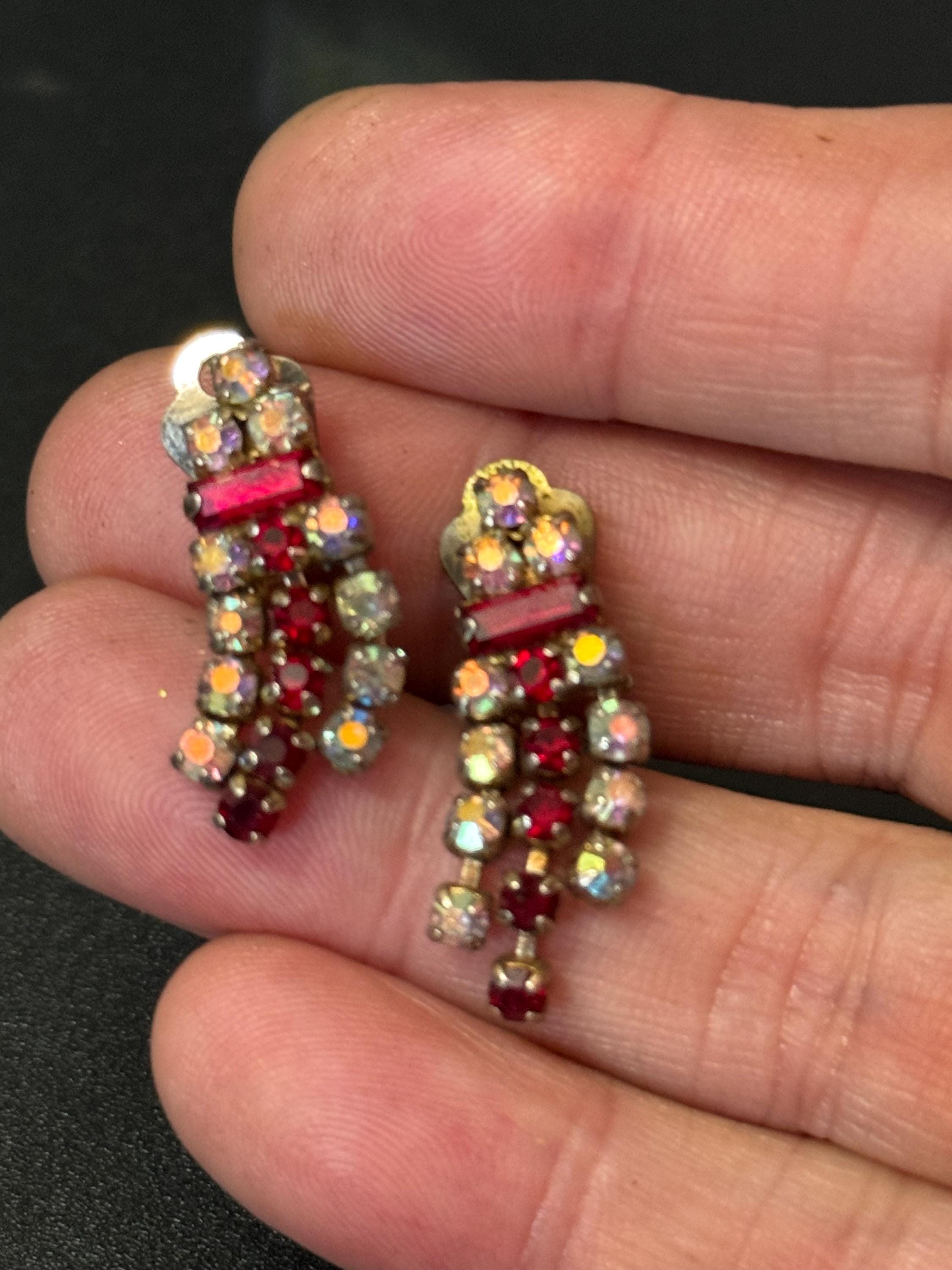 Ruby glass rhinestone earrings, vintage gold tone