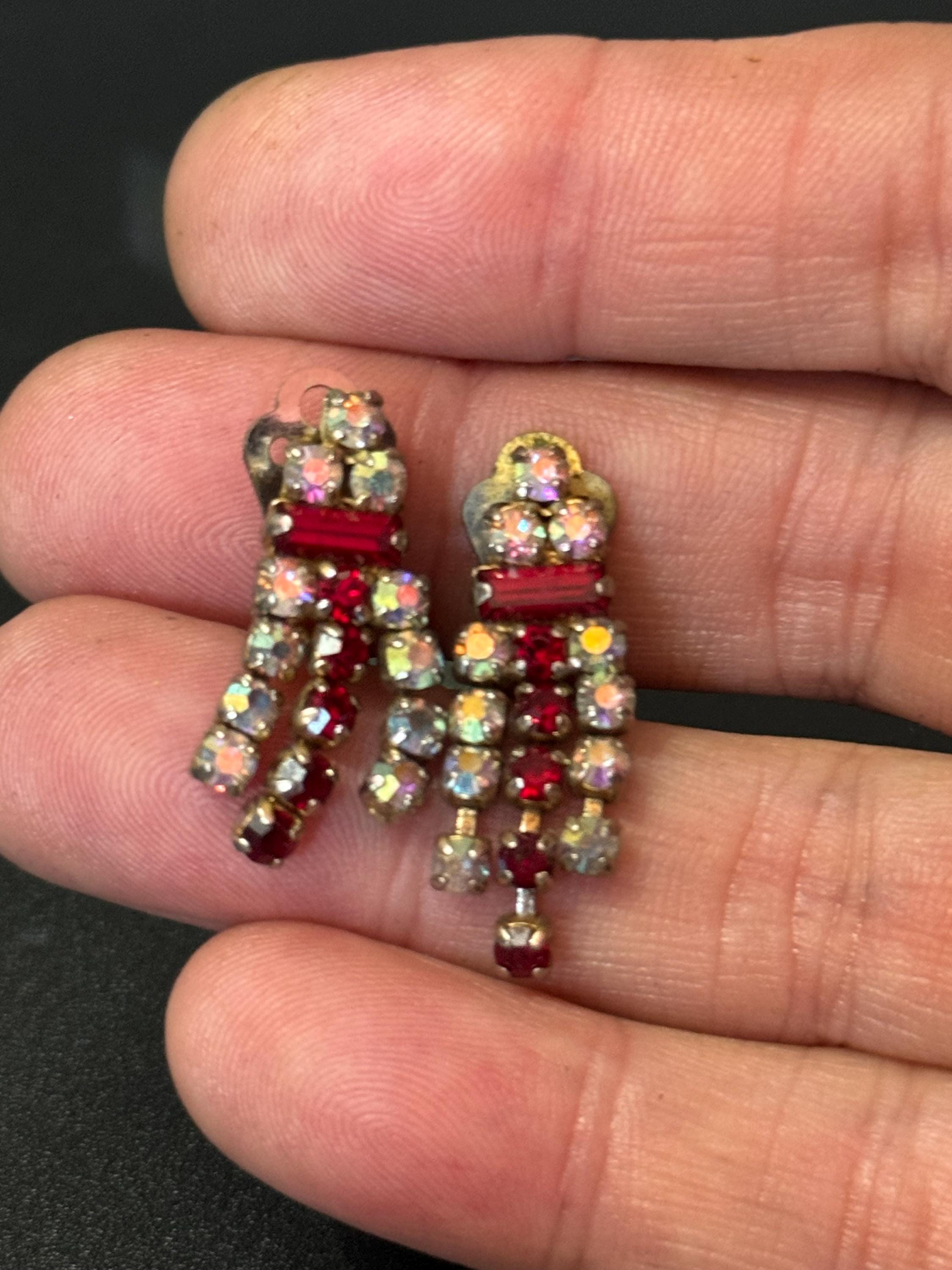 Ruby glass rhinestone earrings, vintage gold tone