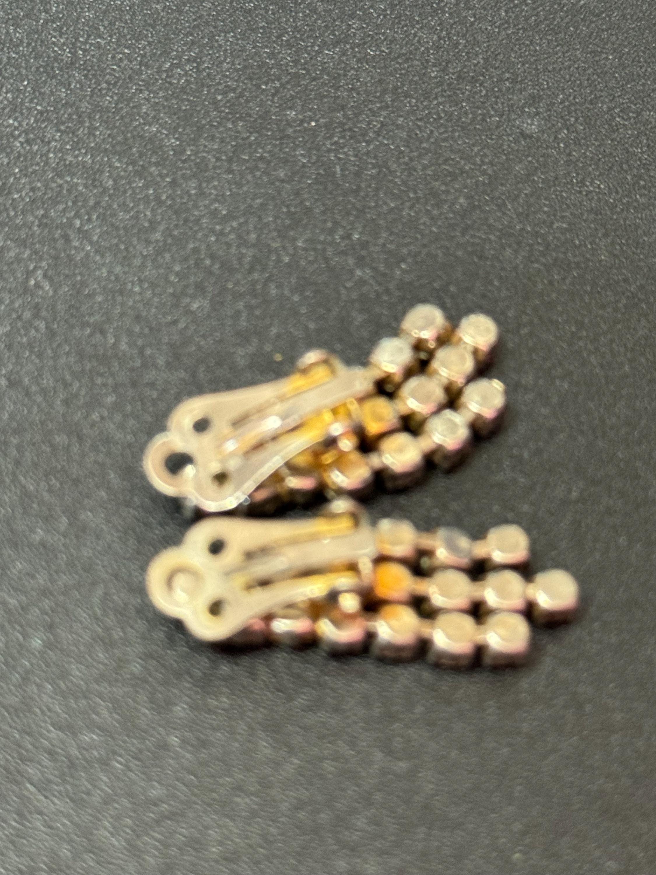 Ruby glass rhinestone earrings, vintage gold tone