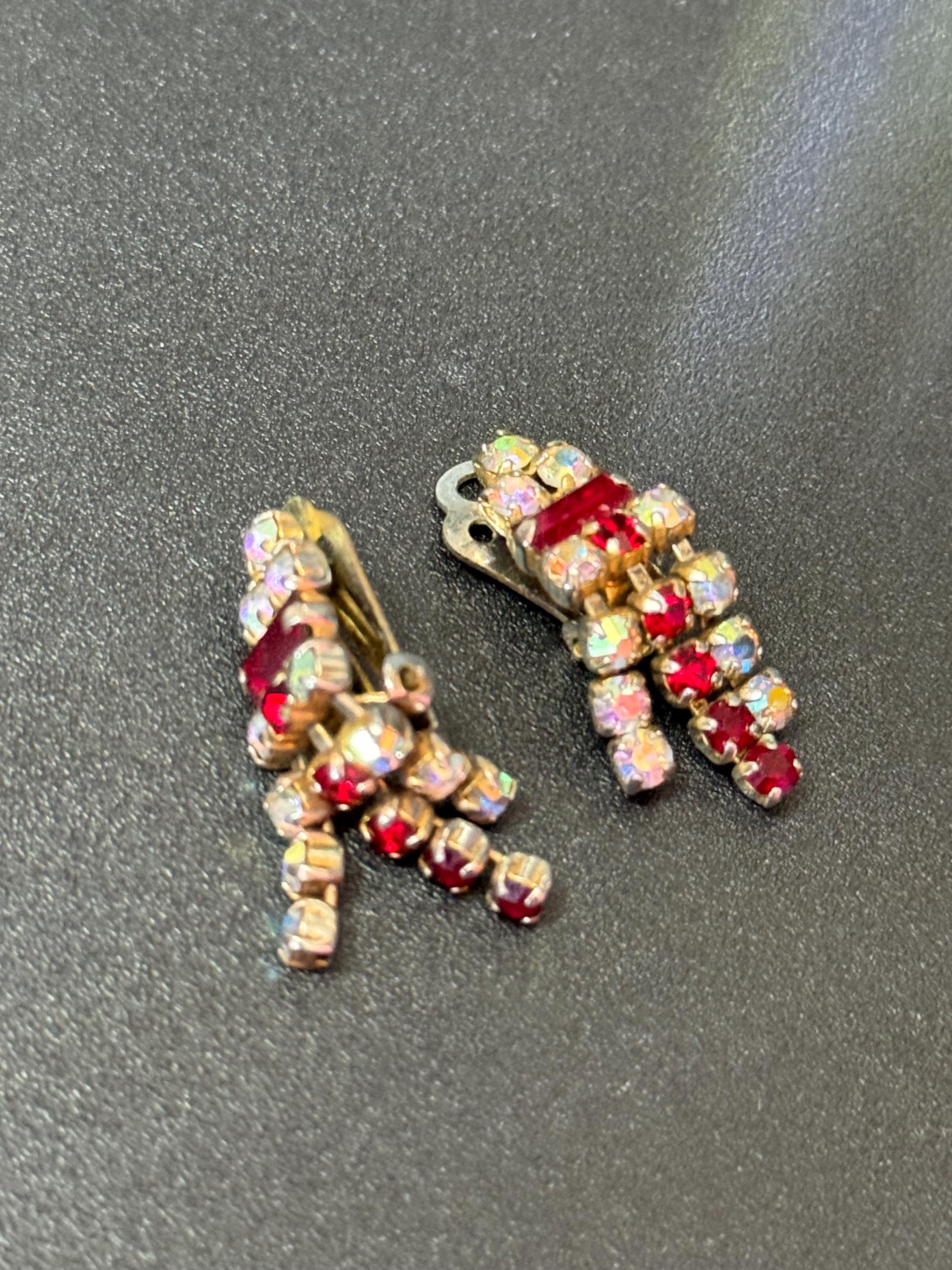 Ruby glass rhinestone earrings, vintage gold tone