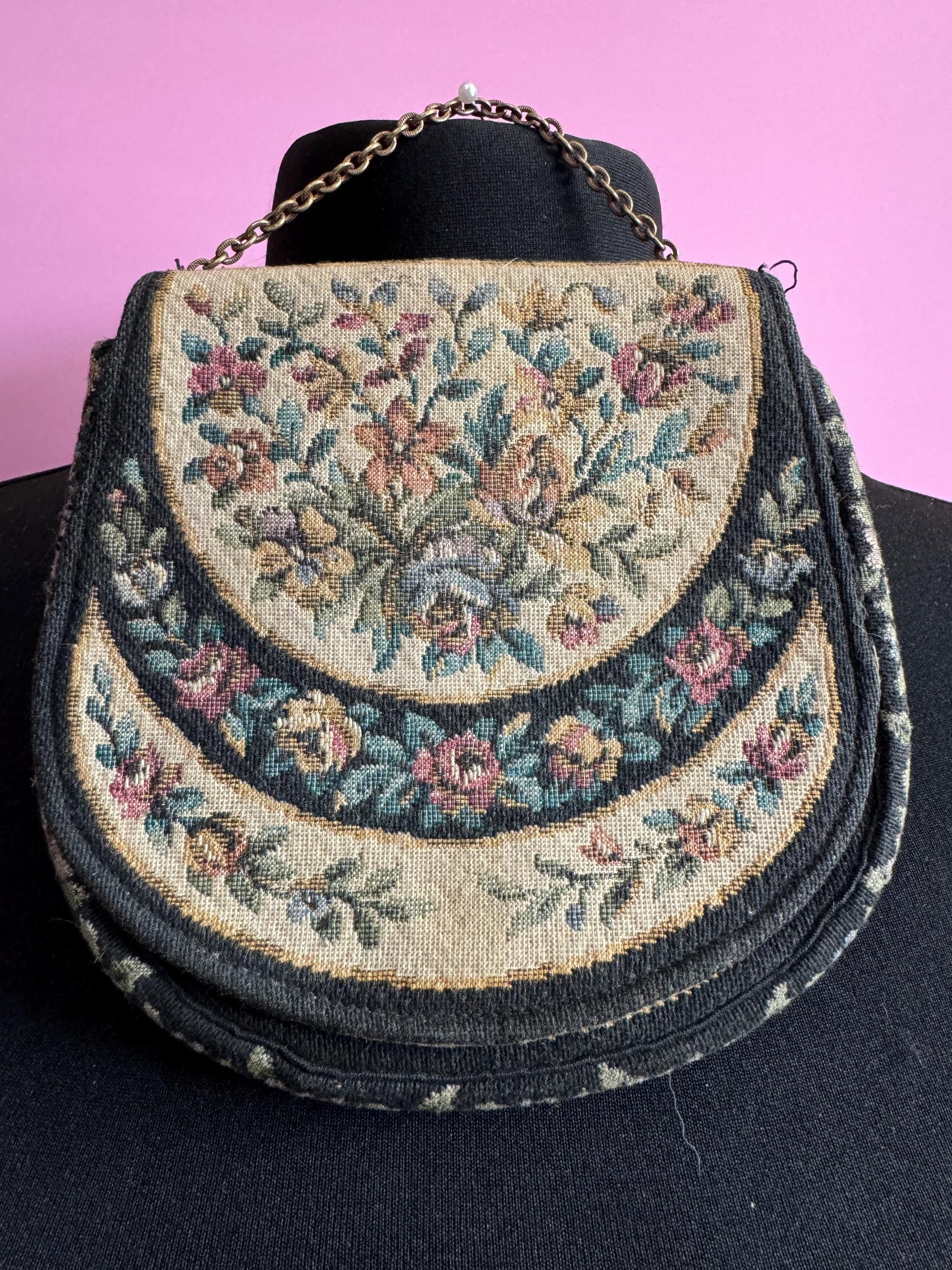 Antique Petit Point Tapestry Purse: Embroidered Floral Evening Bag, 1920s