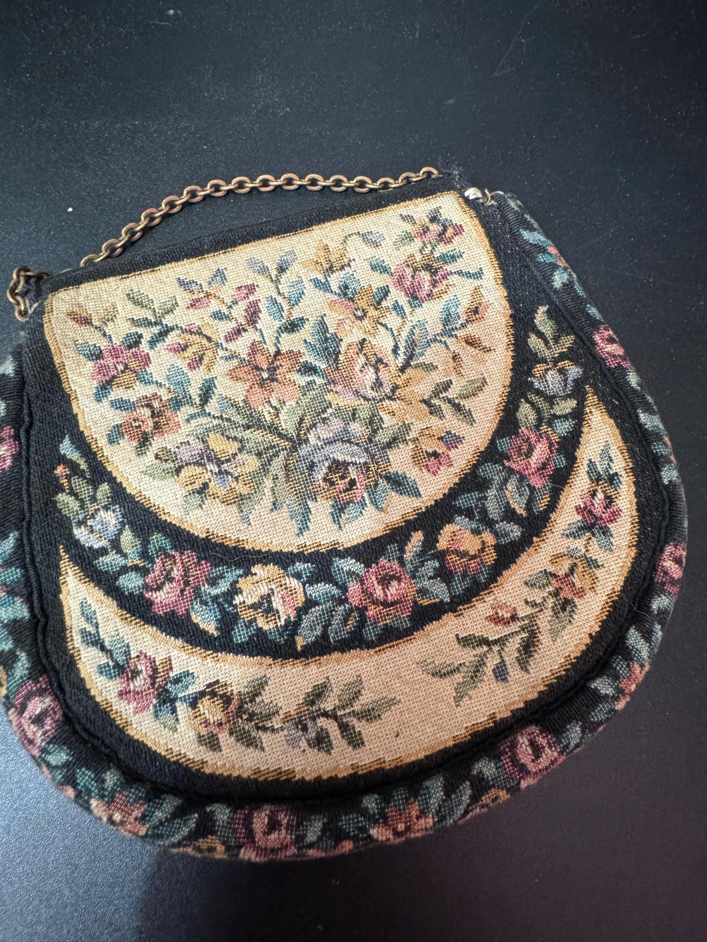 Antique Petit Point Tapestry Purse: Embroidered Floral Evening Bag, 1920s