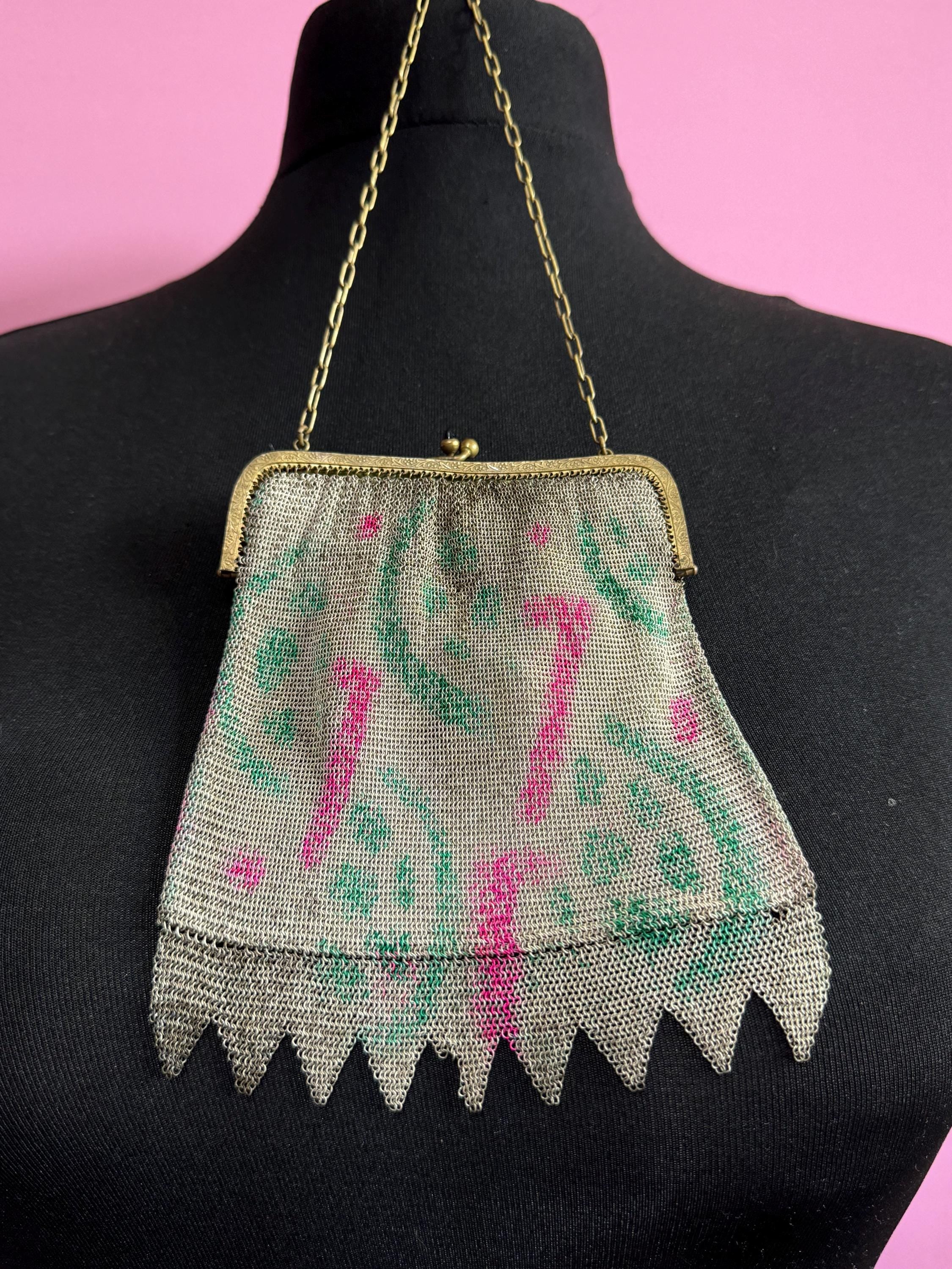 As found Antique pink green cold painted mesh chainmail evening bag black onyx clasp