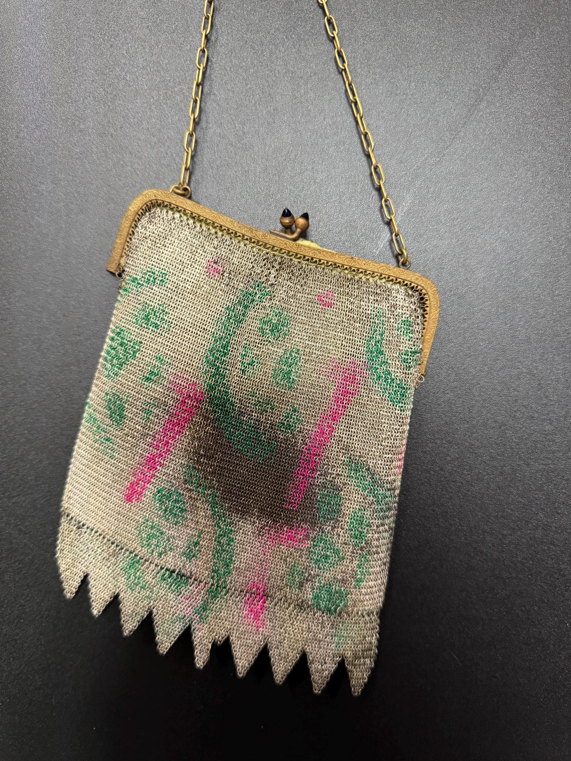 As found Antique pink green cold painted mesh chainmail evening bag black onyx clasp