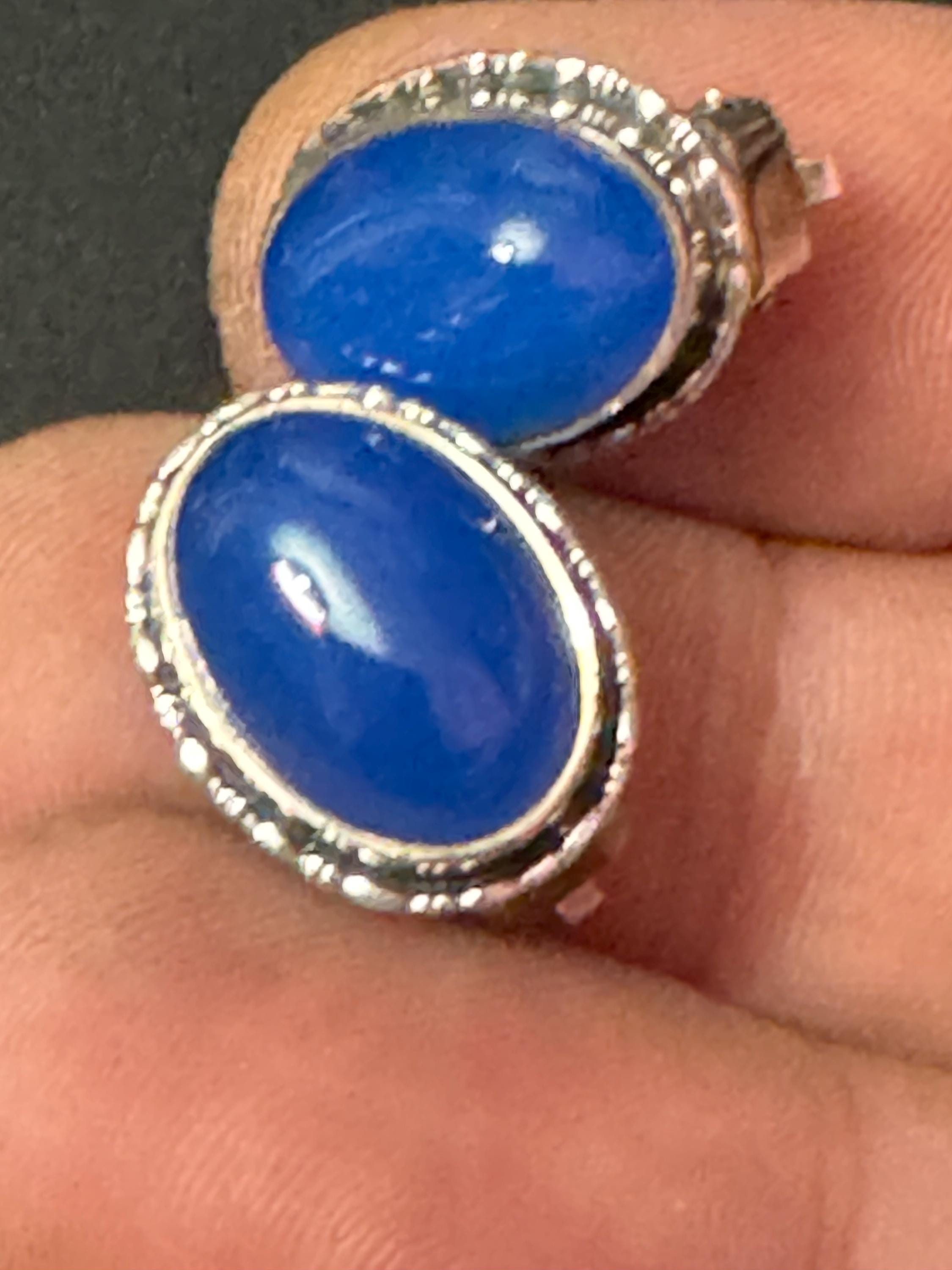 Vintage 925 modernist solid sterling silver oval blue gemstone clip on earrings 2cm