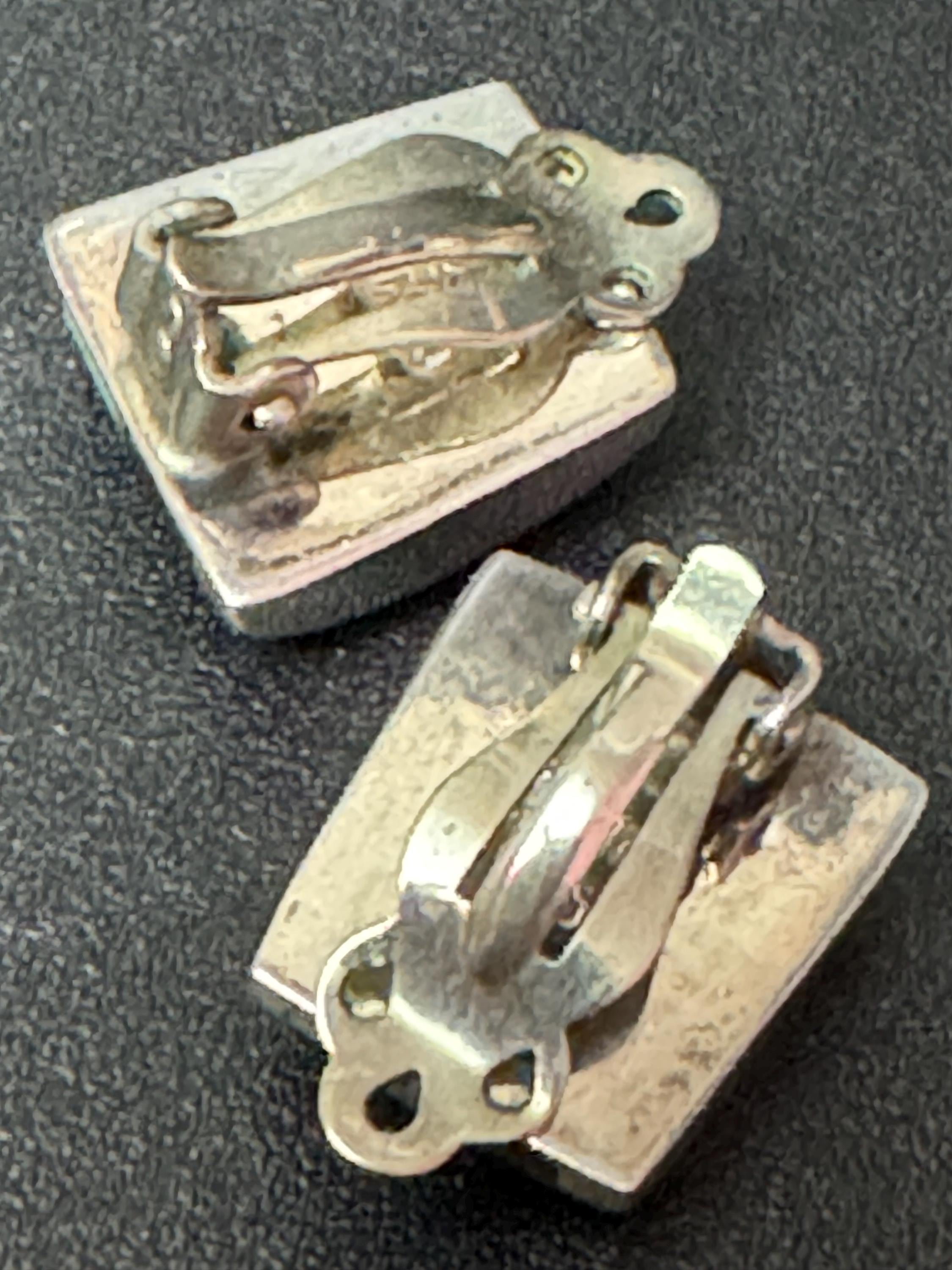 Vintage 925 modernist Mexican sterling silver rectangular blue turquoise gemstone clip on earrings 2cm
