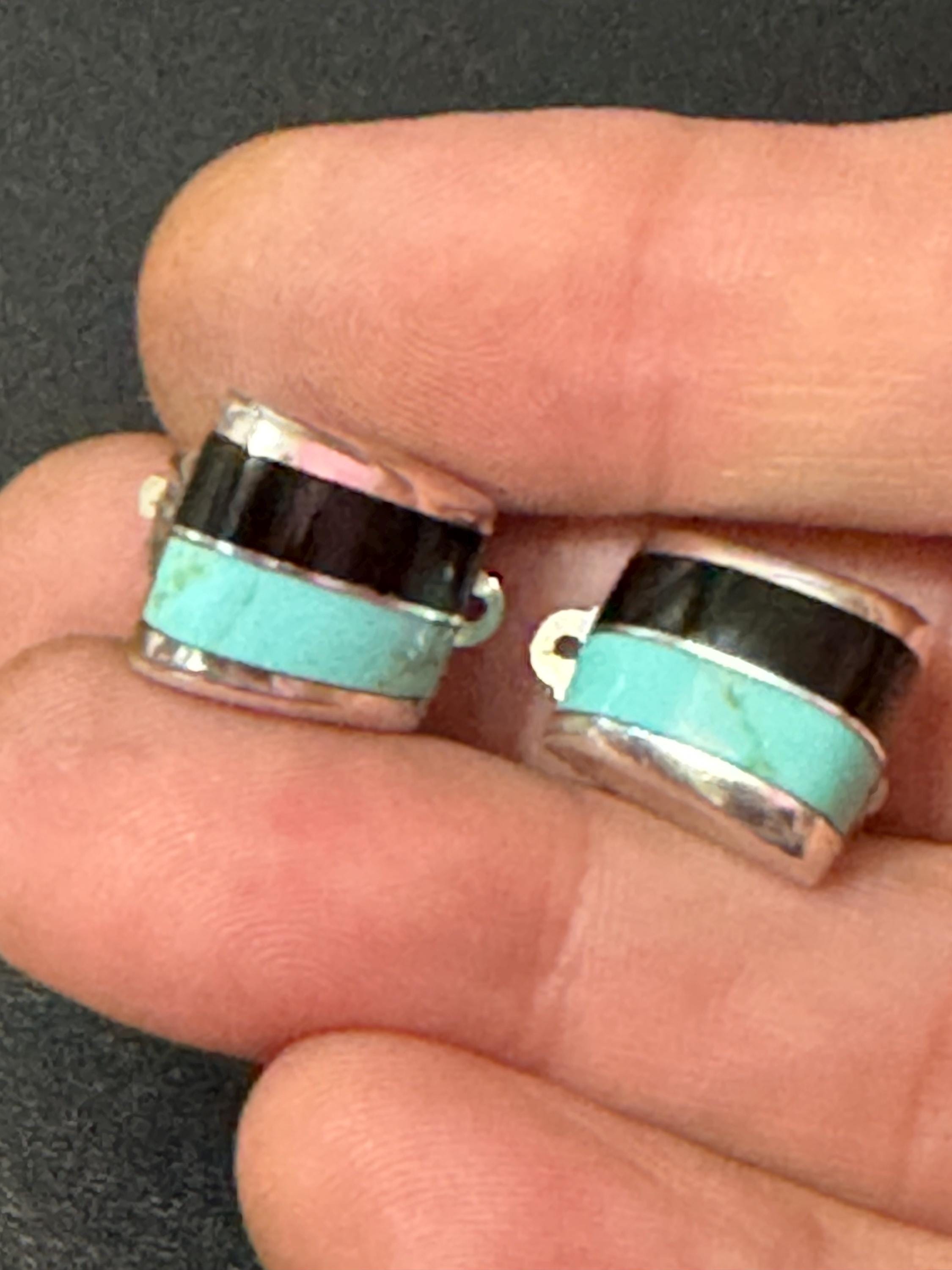 Vintage 925 modernist Mexican sterling silver rectangular blue turquoise gemstone clip on earrings 2cm