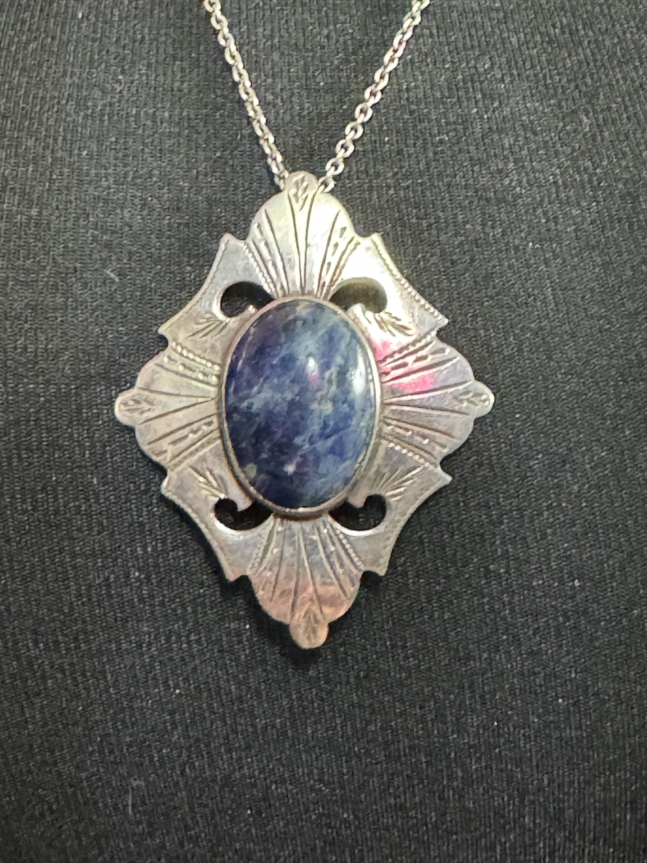 Vintage 925 Sterling Silver Necklace with large blue gemstone sodalite pendant full hallmarks